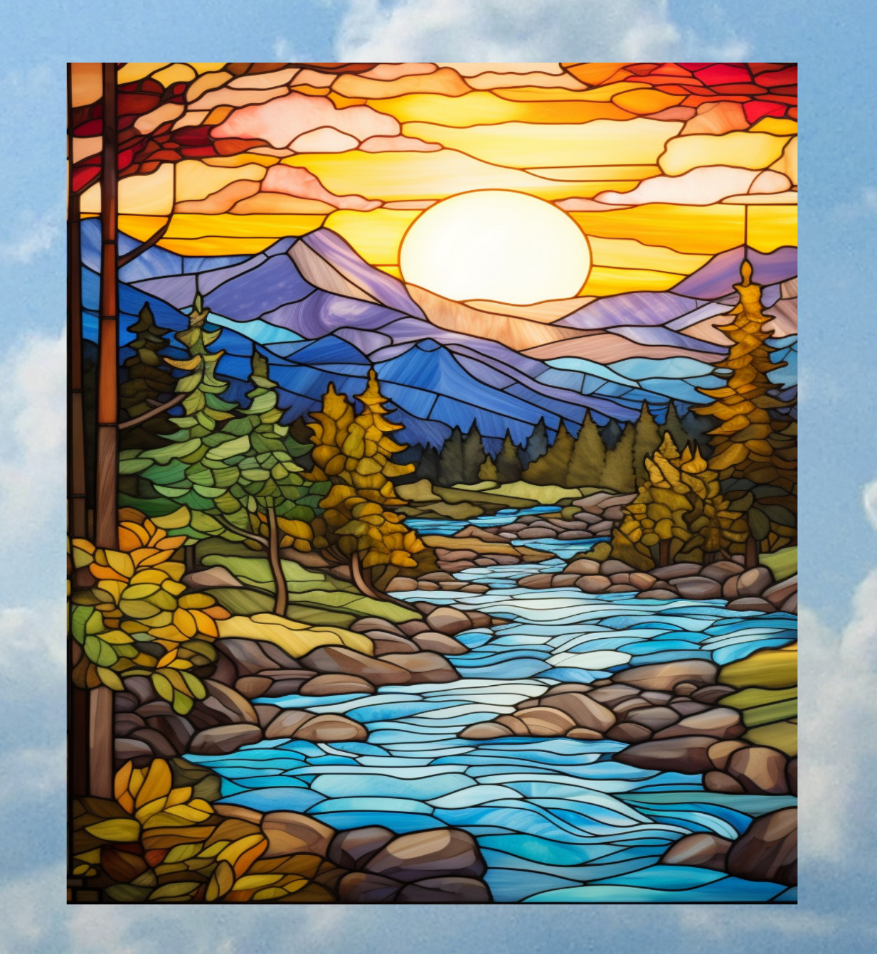 River at Sunset Faux Stained-Glass WINDOW CLING Size 9.3" Repositionable Vinyl