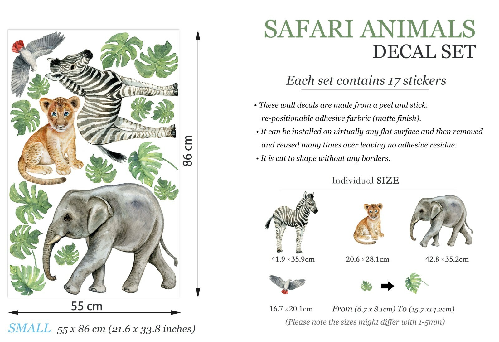 Wild Animals Elephant Lion Zebra Wall Fabric Decal Set Sticker Room Decor Gift
