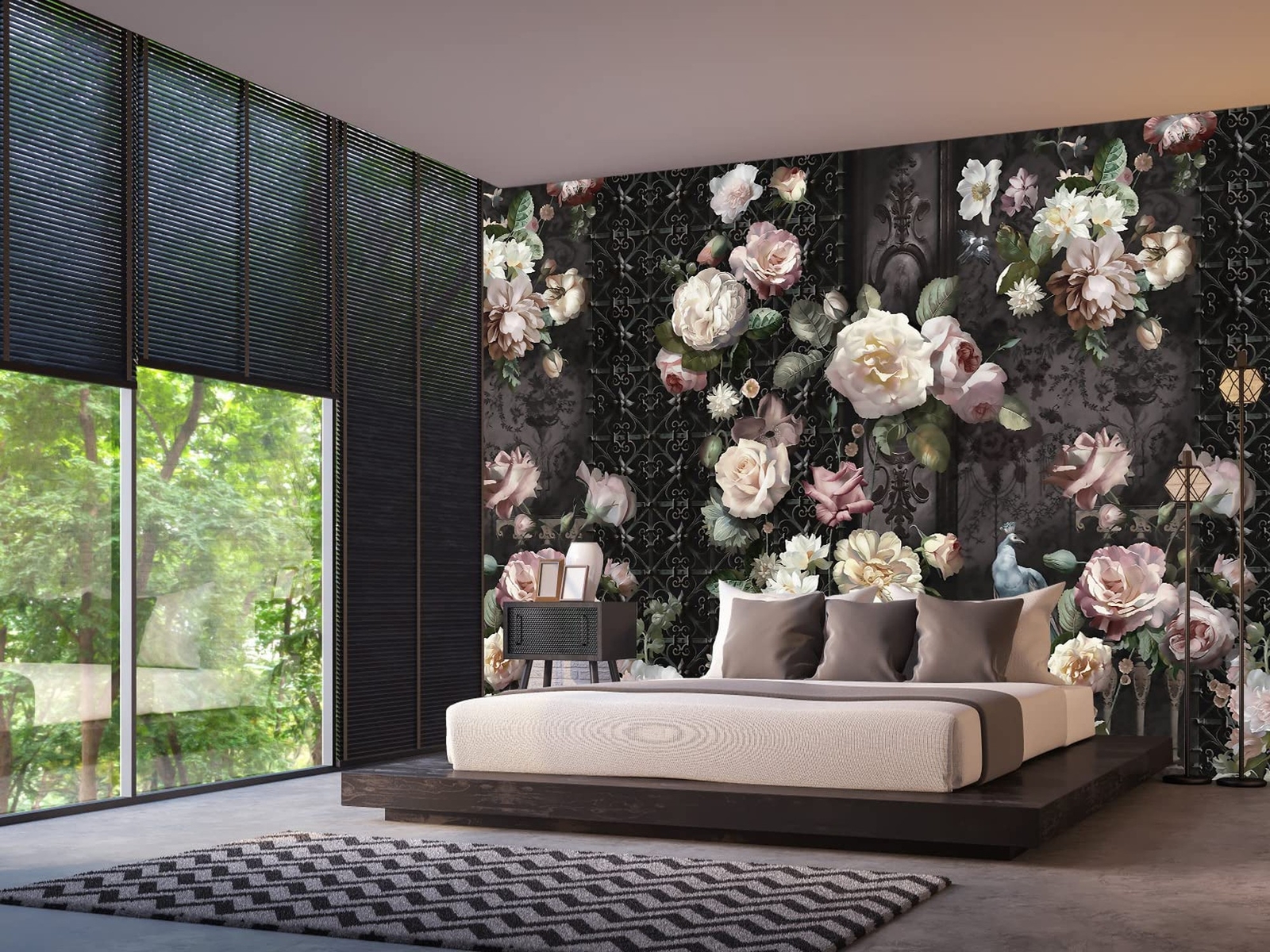 Cliouar-Black Fence Bird Peacock Pink Yellow White Rose 3D Mural Wallpaper Be…