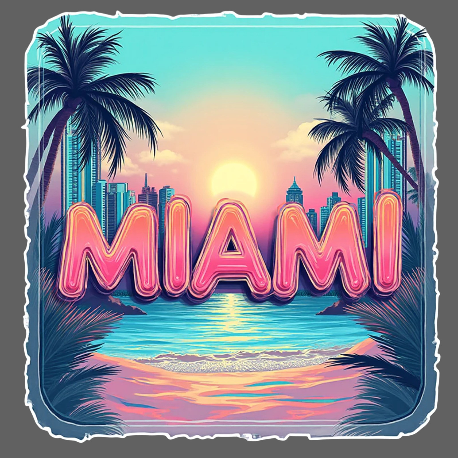 Miami Sticker Vinyl Decal Neon Beach Sunset Skyline Palm Trees Retro Art