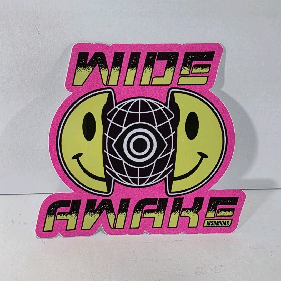 EDC Insomniac Wide Awake Smiley Face Pink Yellow Black Vinyl Sticker
