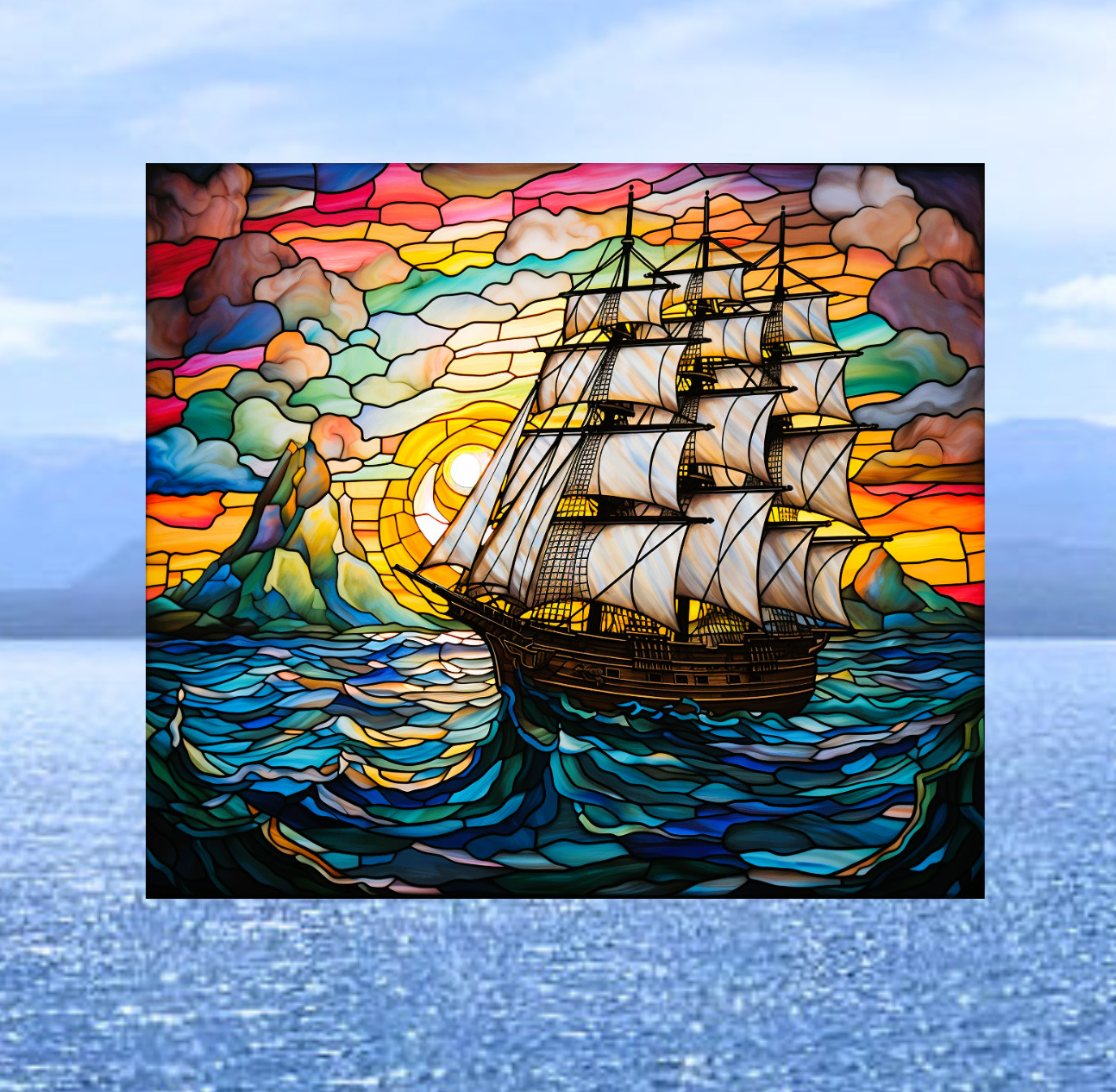 Sailing Ship at Sunset Faux Stained-Glass WINDOW CLING Size 9.1" Vinyl
