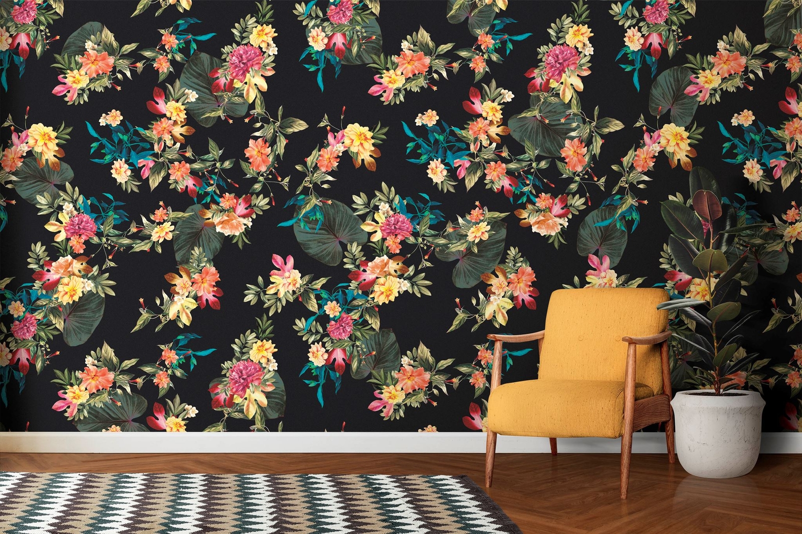 Tropical Flower Wall Mural. Paradise Botanical Flowers and Leave Black Backgroun