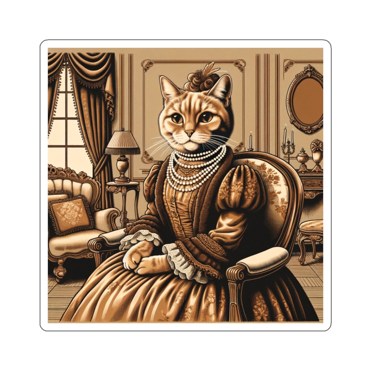 Sticker Victorian Cat Portrait Elegant Pet Lover Gift Retro 2×2" 3×3" 4×4" 6×6"