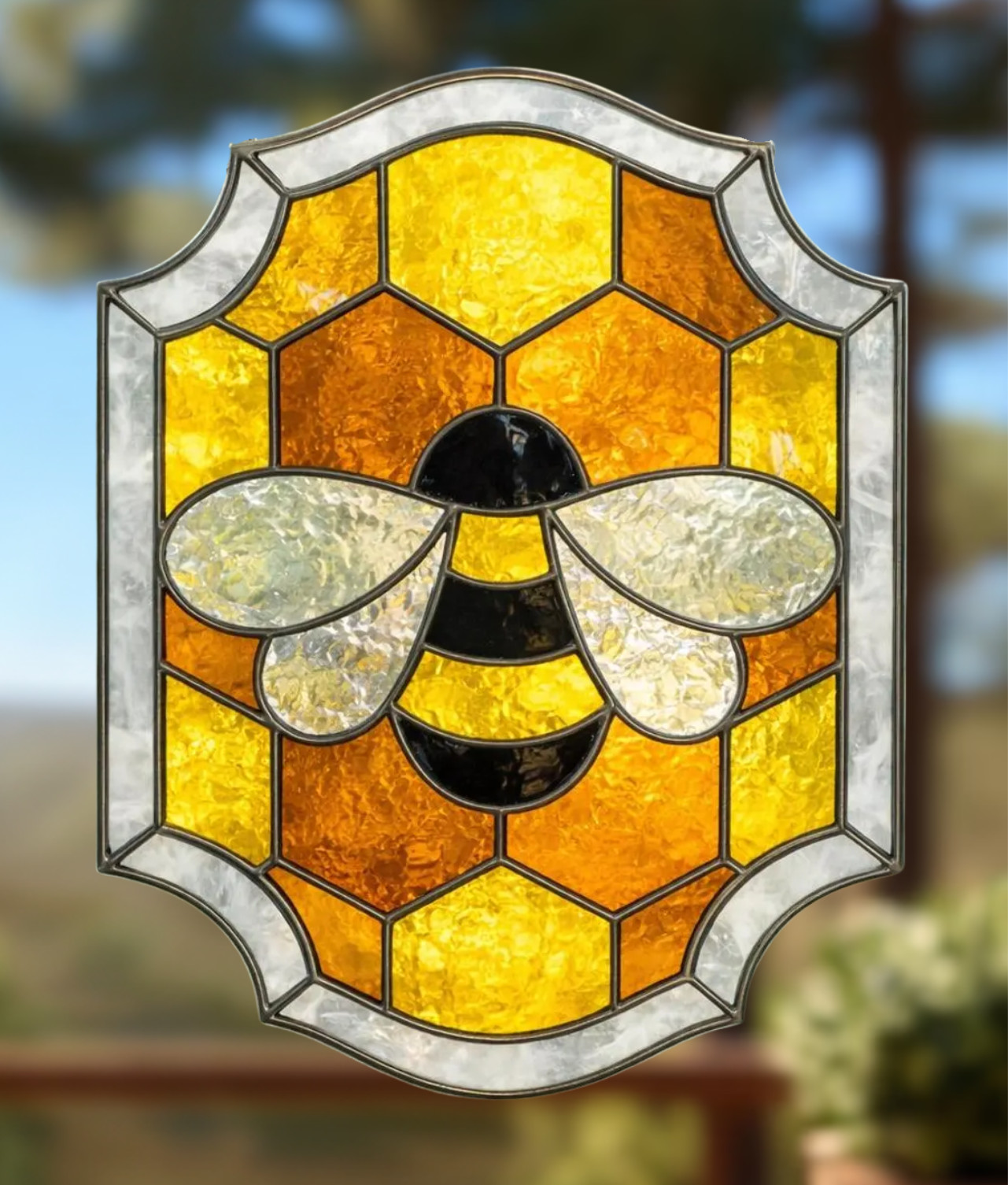 Bee Honeycomb Faux Stained-Glass WINDOW CLING Size 10.2" Vinyl