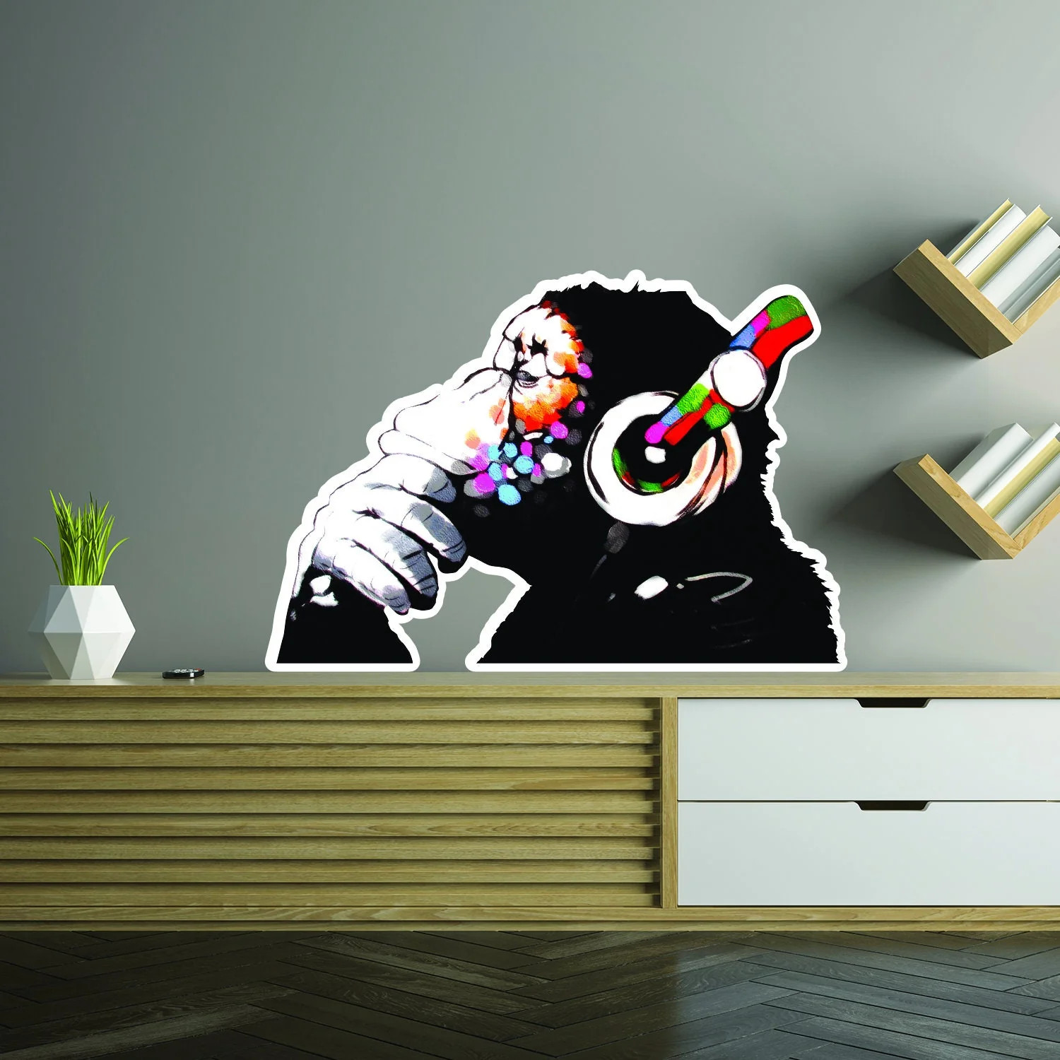 Artist Monkey With Headphones Wall Sticker – Large Bansky Thinking Dj Chimp