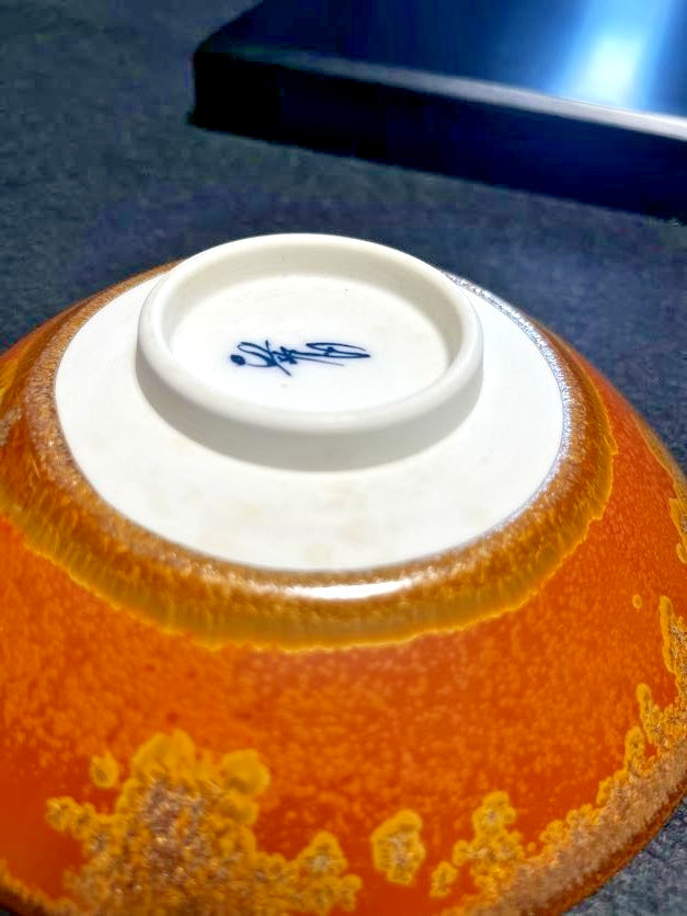 Baba Shinemon Japanese Crystal Glaze Tea Bowl Gold Orange Chawan Signed
