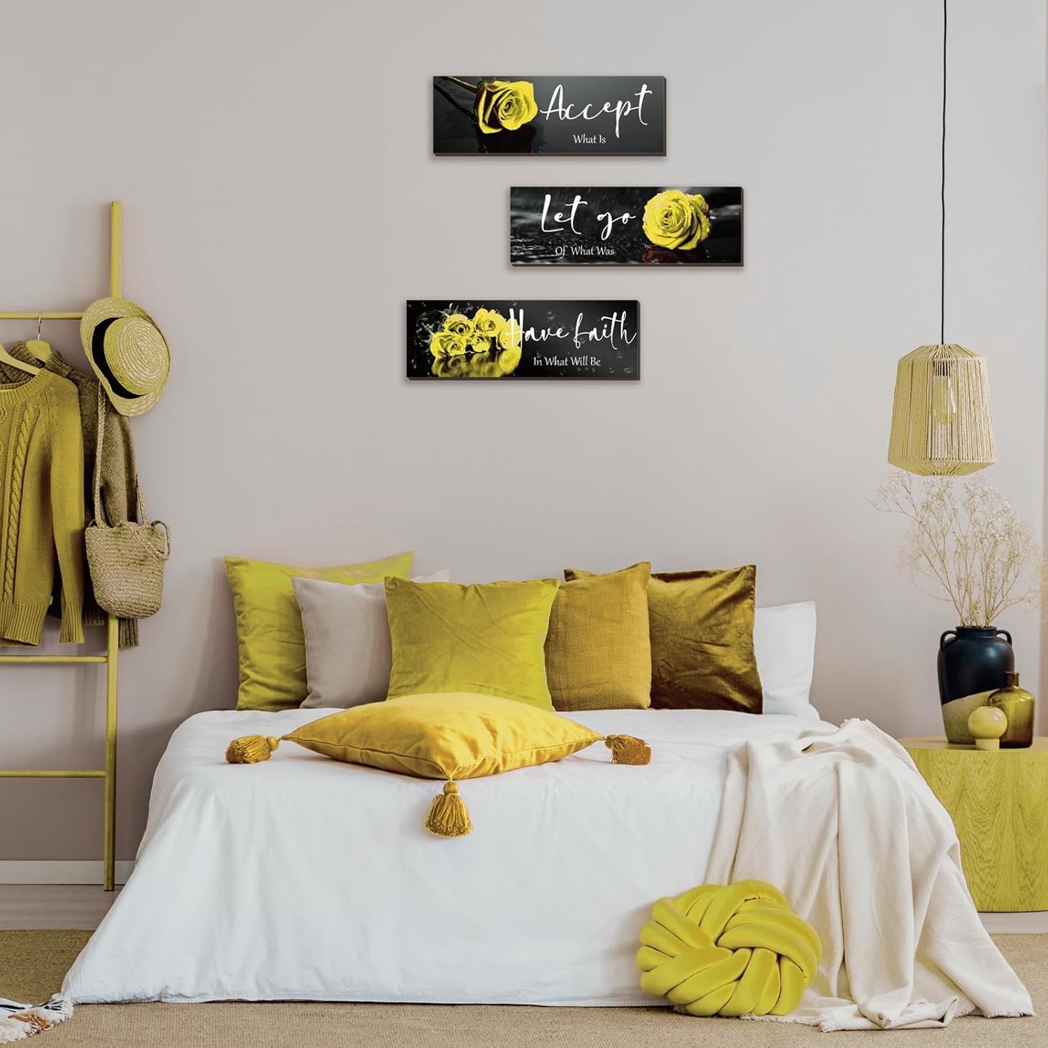 Charming 3-Pc Yellow Rose Wall Decor with Faith-Inspiring Quotes – 12×4 Inches