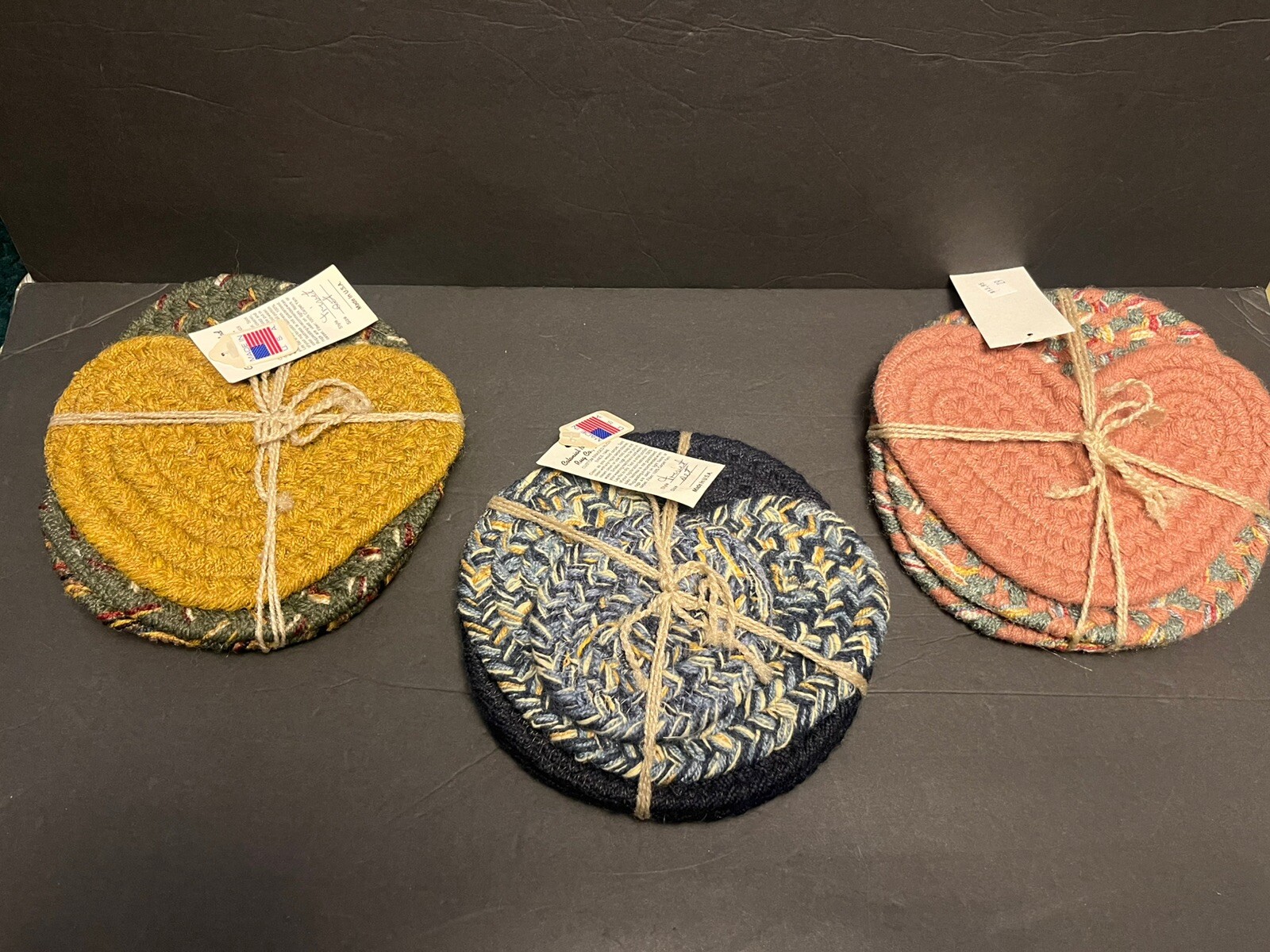 Braided Jute Coasters – Lot Of 3 Mixed Lot Heart Circle Shaped *NEW*