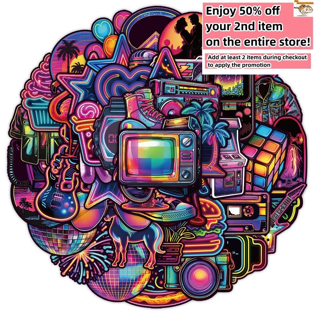 50 Pcs Stickers Variety Neon Style Skateboard Luggage Phone Car Helmet Decal