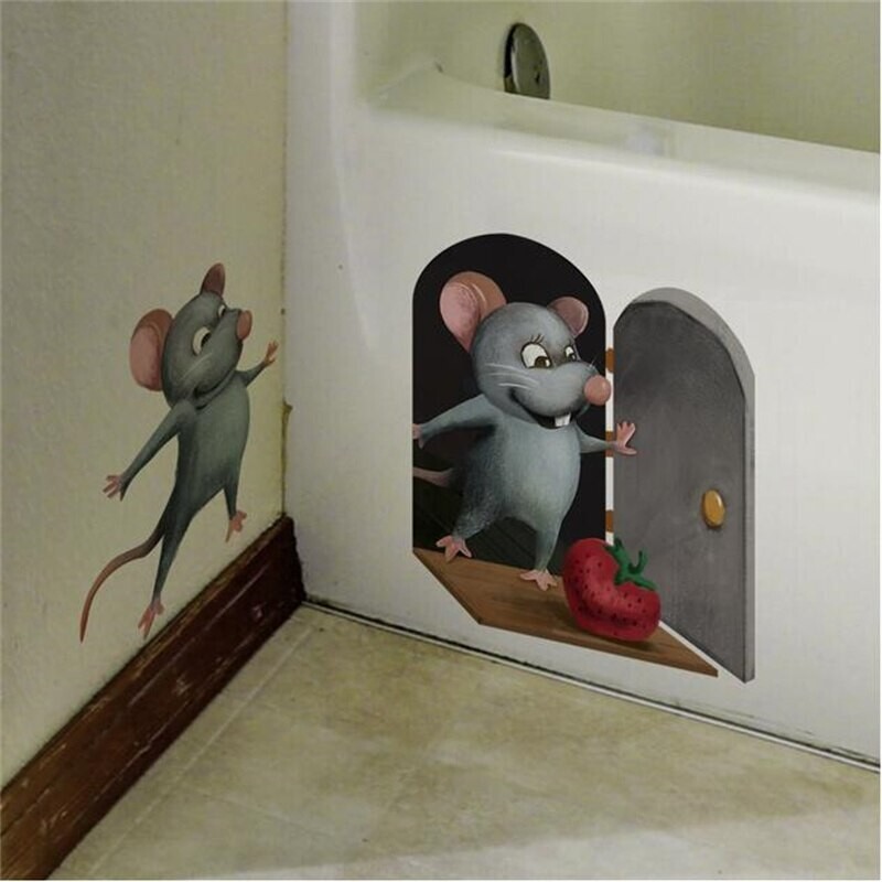3D Mouse Hole Realistic Wall Sticker Cartoon Decal Fun Art Kids Vinyl Home Decor