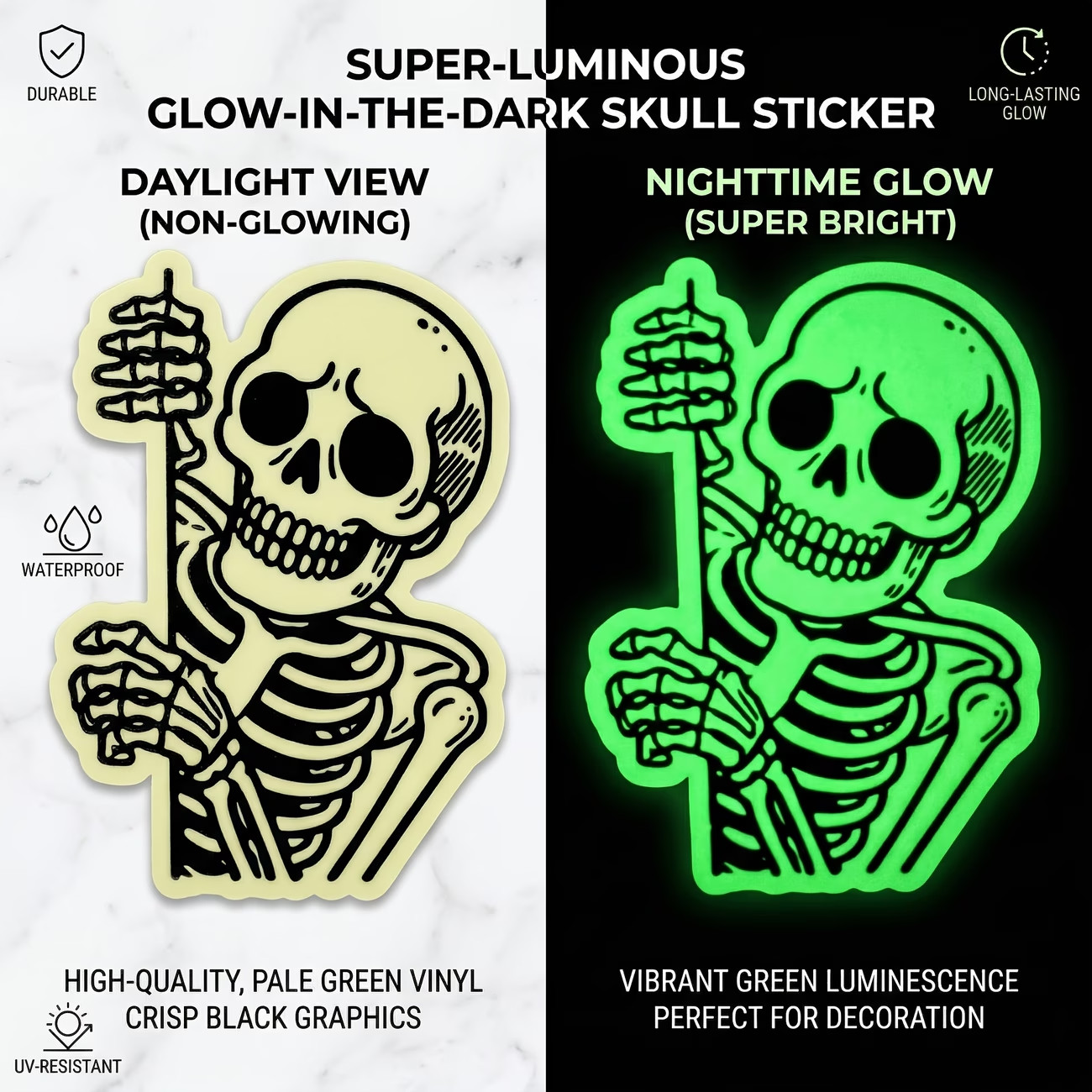 3" Funny Peeking Skull Glow in the Dark Sticker, Premium High Quality PVC Vinyl
