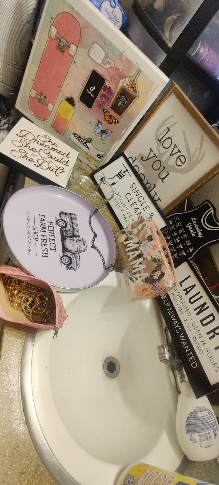 home decor, new Shein earrings and mom makeup bag