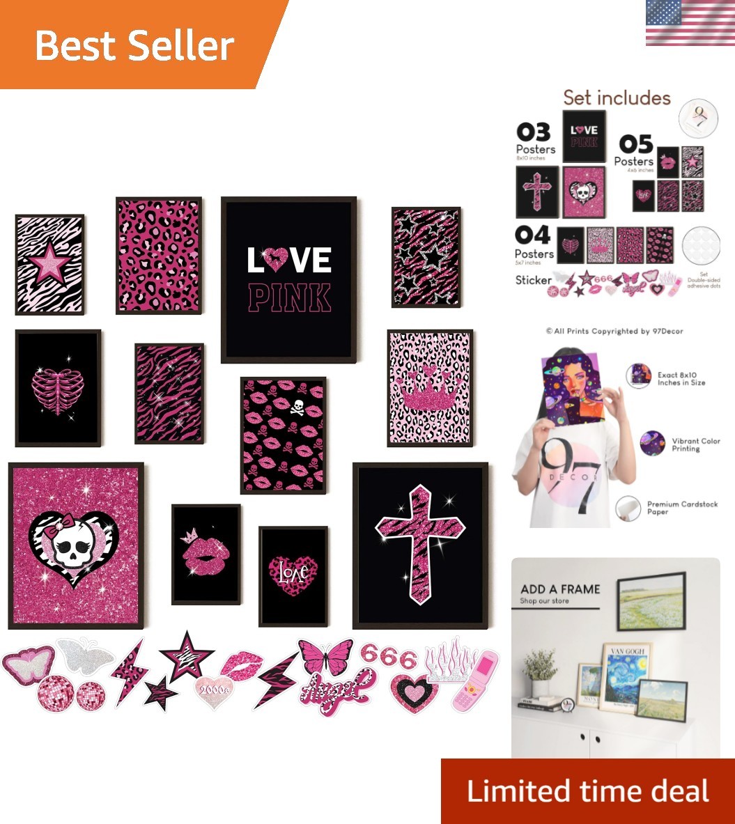 Vibrant Y2K Decor Collection – Unframed Hot Pink Posters for Teens, 12-Piece Set