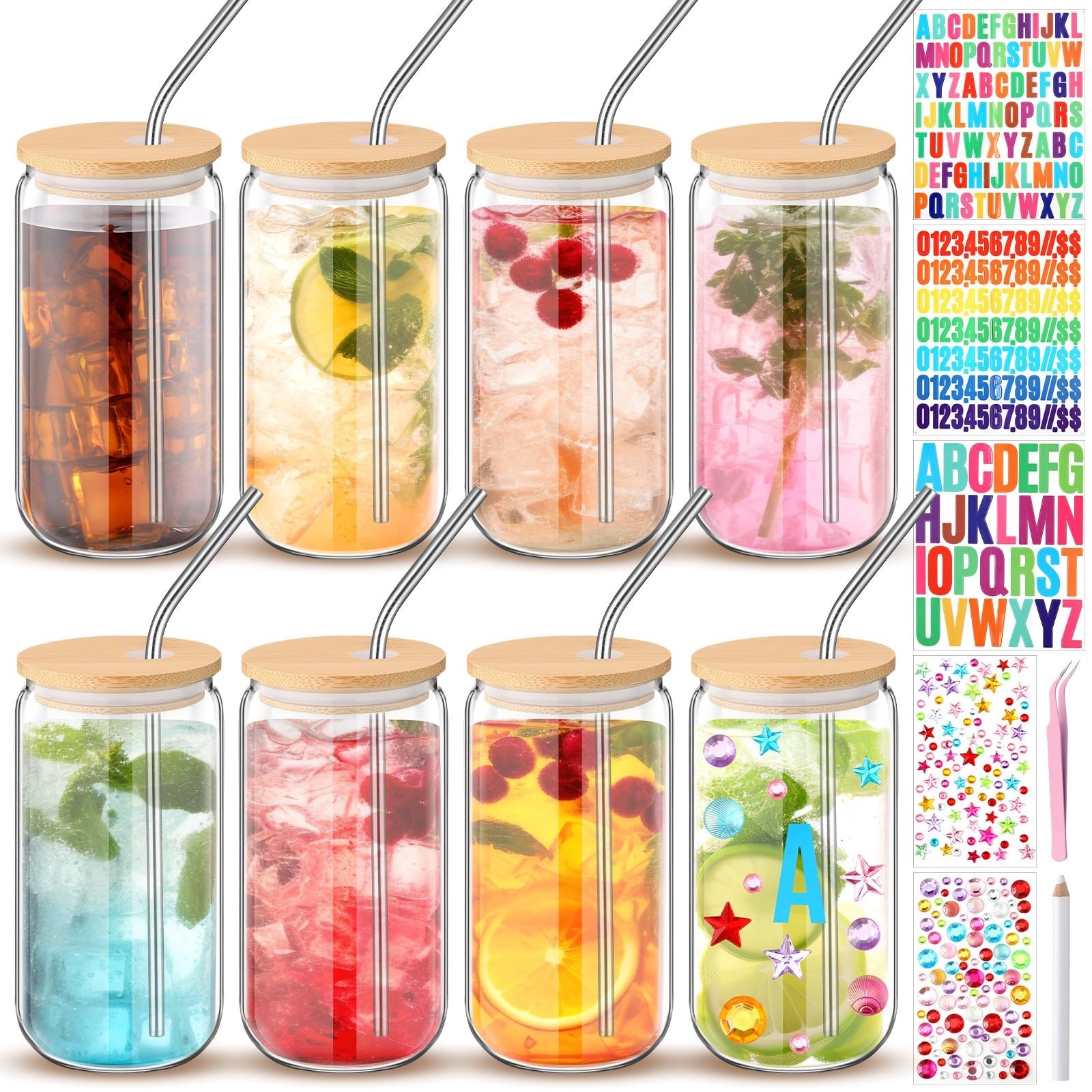 8 Pcs 16 oz Plastic Cups with Lids and Straws Acrylic Mason Jars with Bamboo …