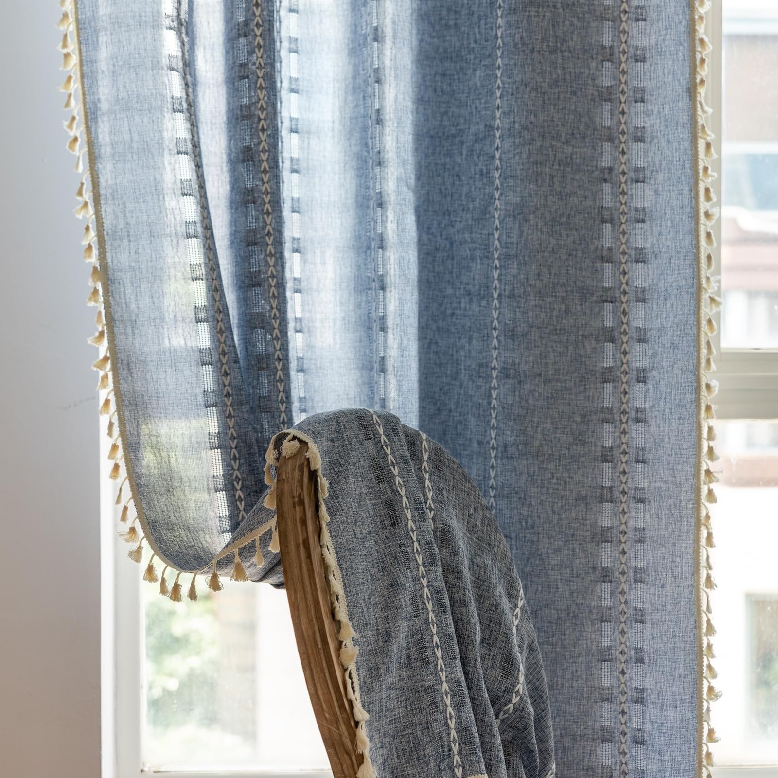 Denim Blue Boho Curtains 96 inch Long 2 Panels for Living Room Bedroom, Rusti…