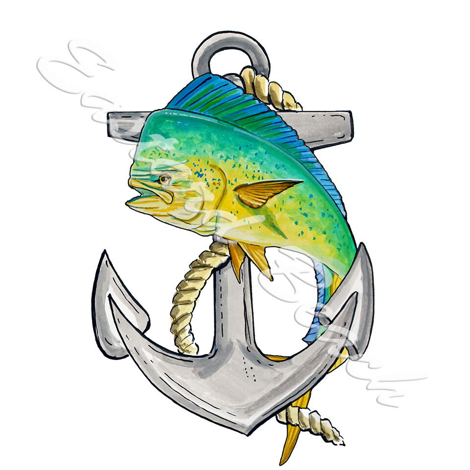 Anchor and Mahi Dolphin Vinyl Decal Sticker – Car Truck RV Boat