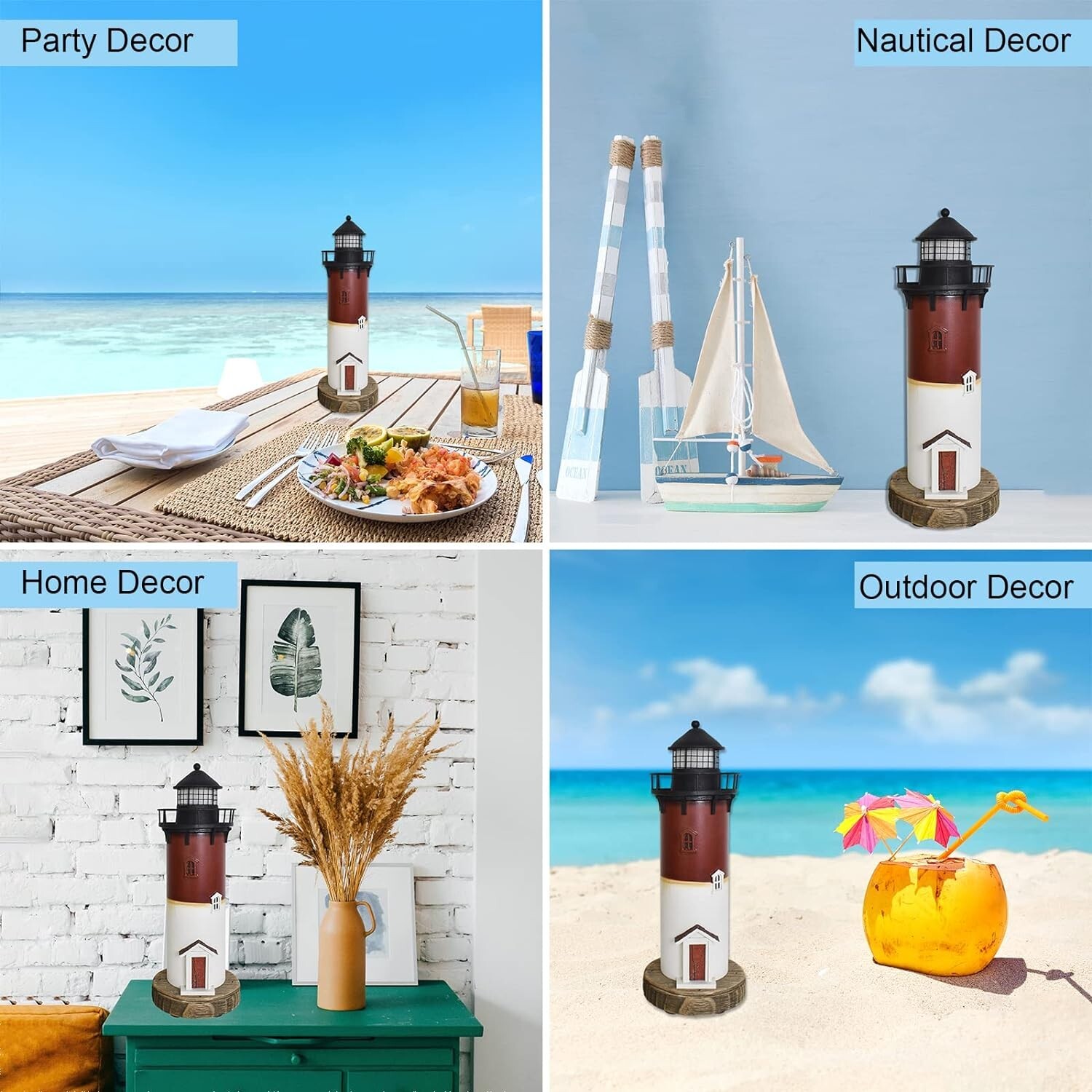Wooden Lighthouse with Lights Nautical Tabletop Figurine (Red)