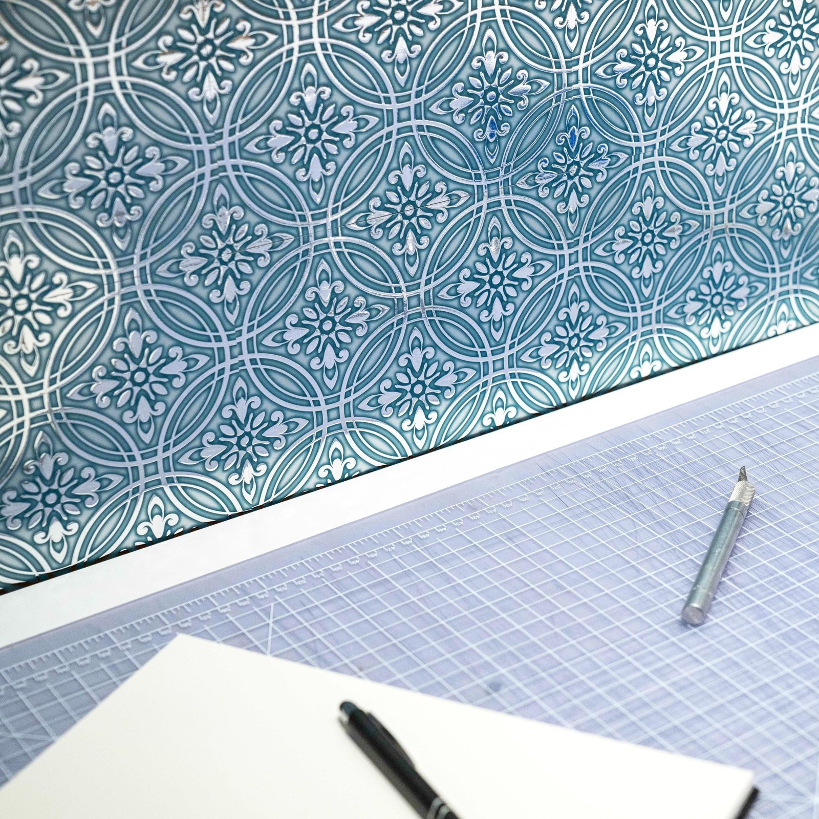 Main Street 24-Pack of 8 x 8" Wallpaper Tiles Peel and Stick Metallic Teal Pa…