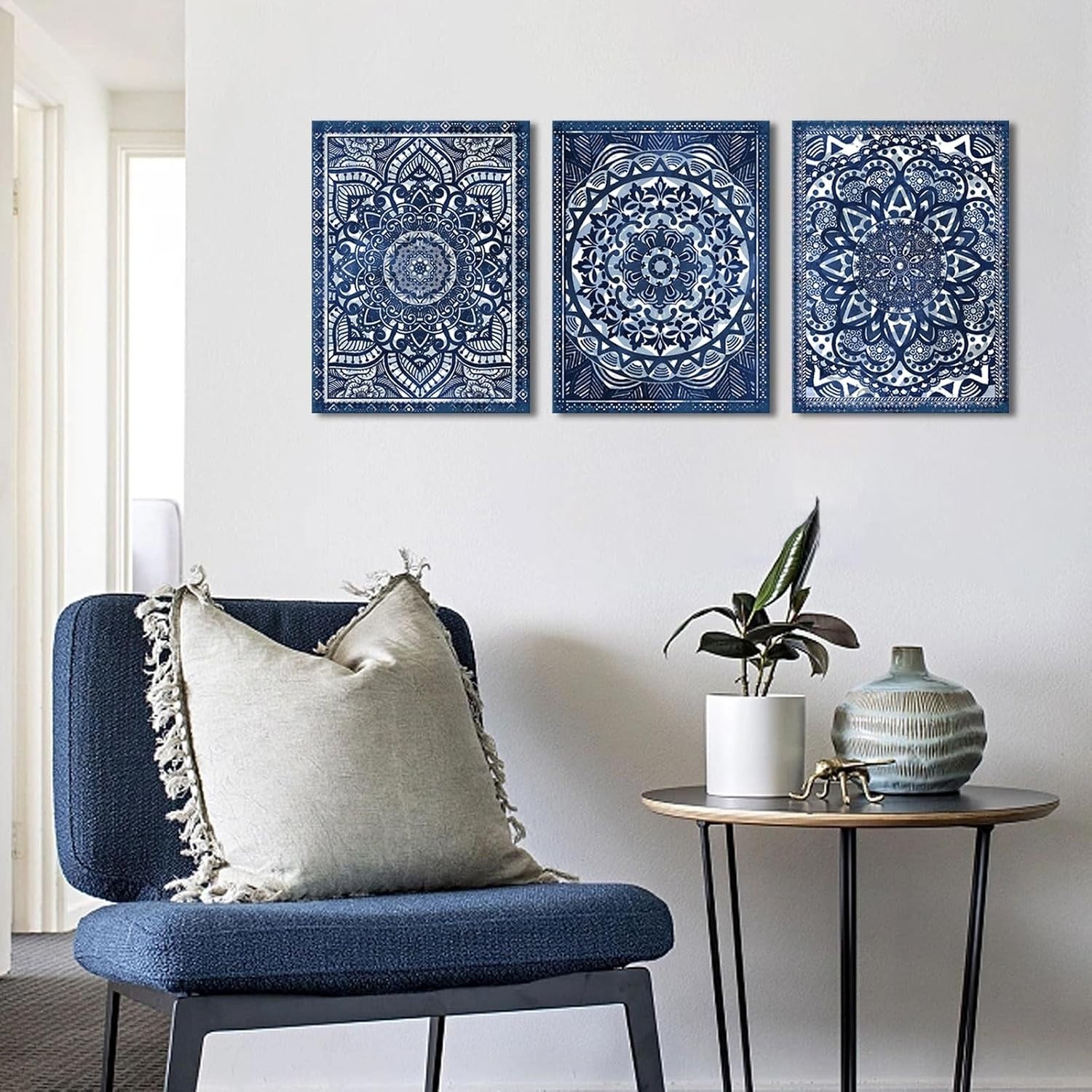 Mandala Art Prints Set – Navy Blue Wall Decor – 12×16 inches