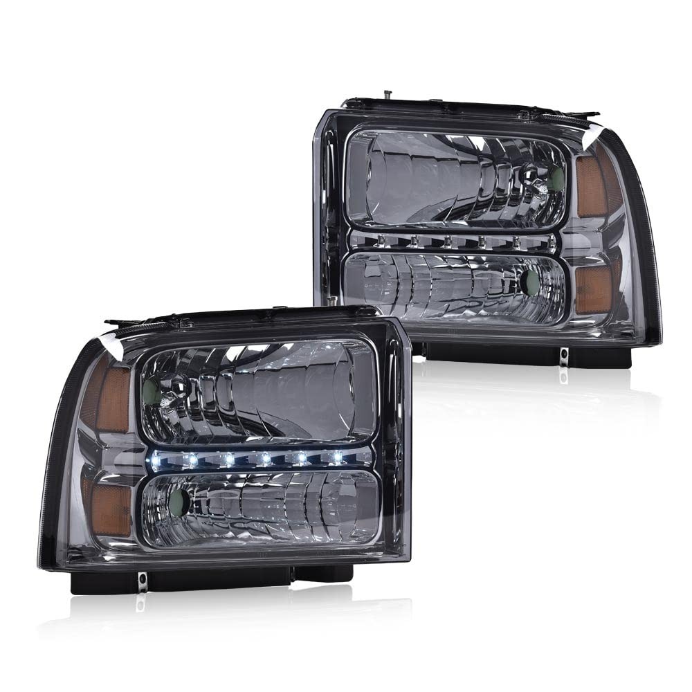 Ford F250-F550 05-07 LED Point Style Headlamps Smoky Lens Chrome Amber DRL BAR
