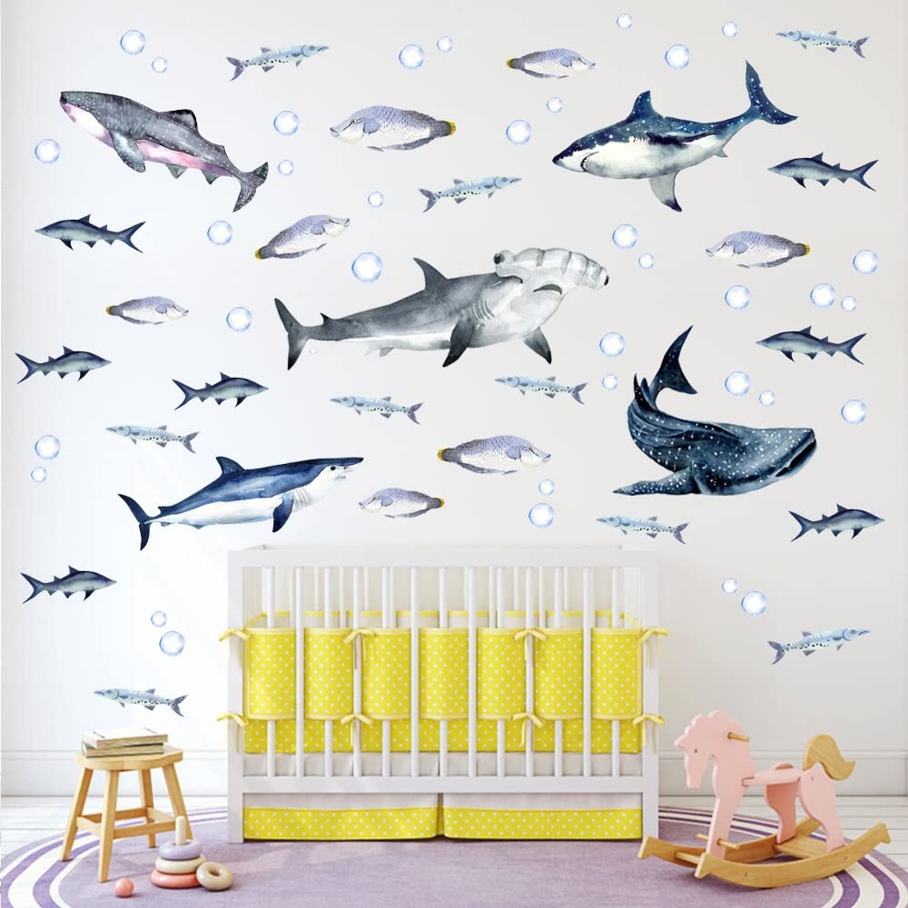 Buiory Sharks Wall Stickers Watercolor Decals Peel and Stick E