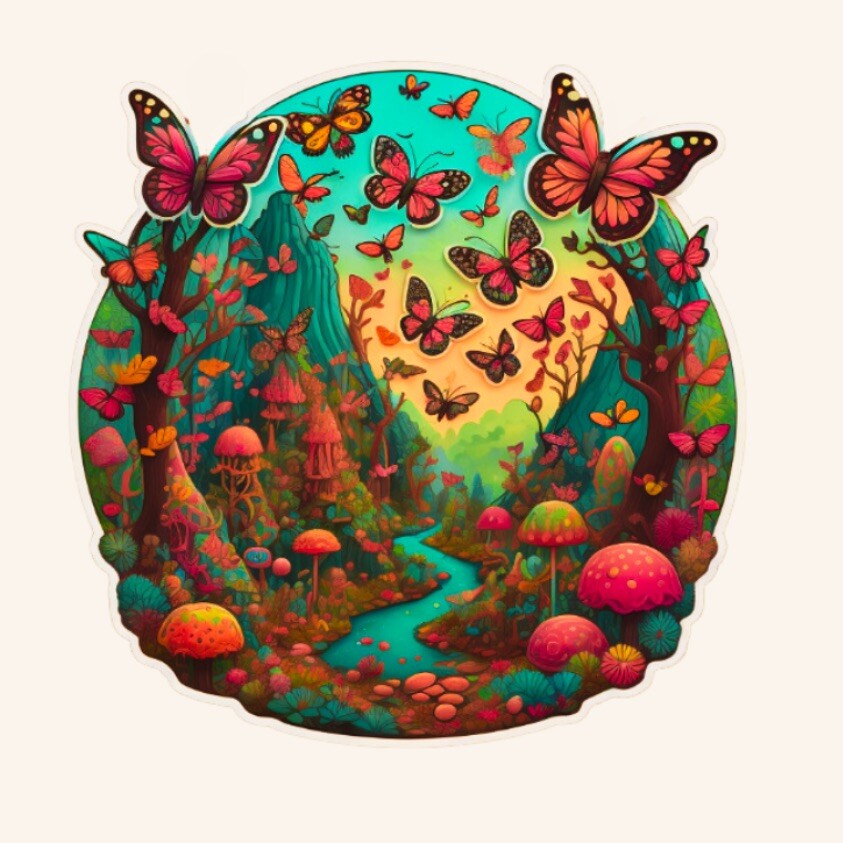 Psychedelic Butterflies, Mushrooms Fairytale die cut high quality Sticker
