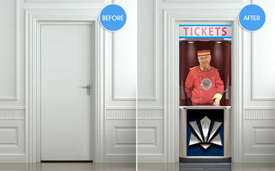 Movie Ticket Booth Door Mural | 1-Piece Wrap | Cinema Home Theater. Laminated