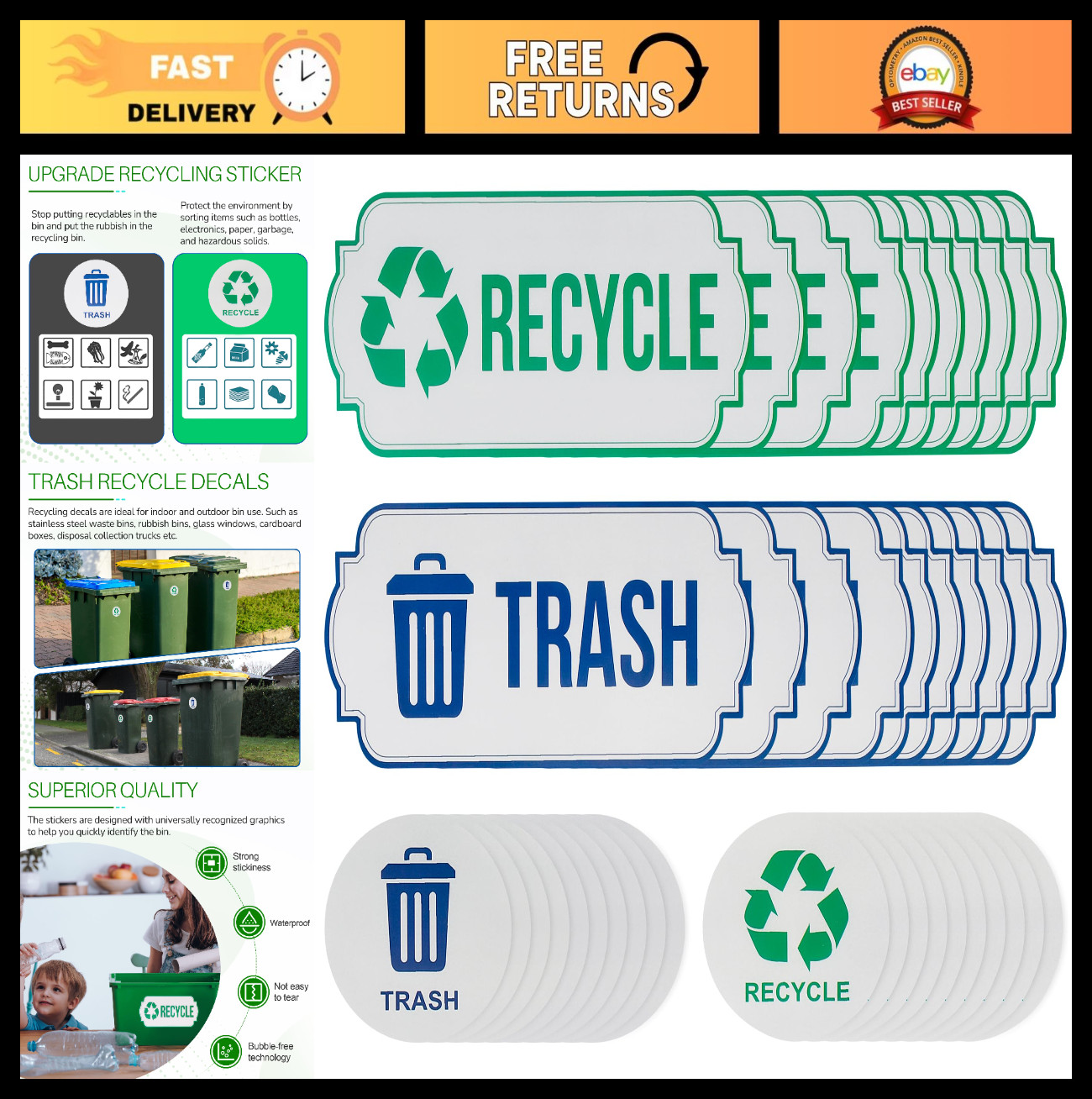 40 Waterproof Trash & Recycle Stickers for Outdoor Bins – Garbage Sorting Decals