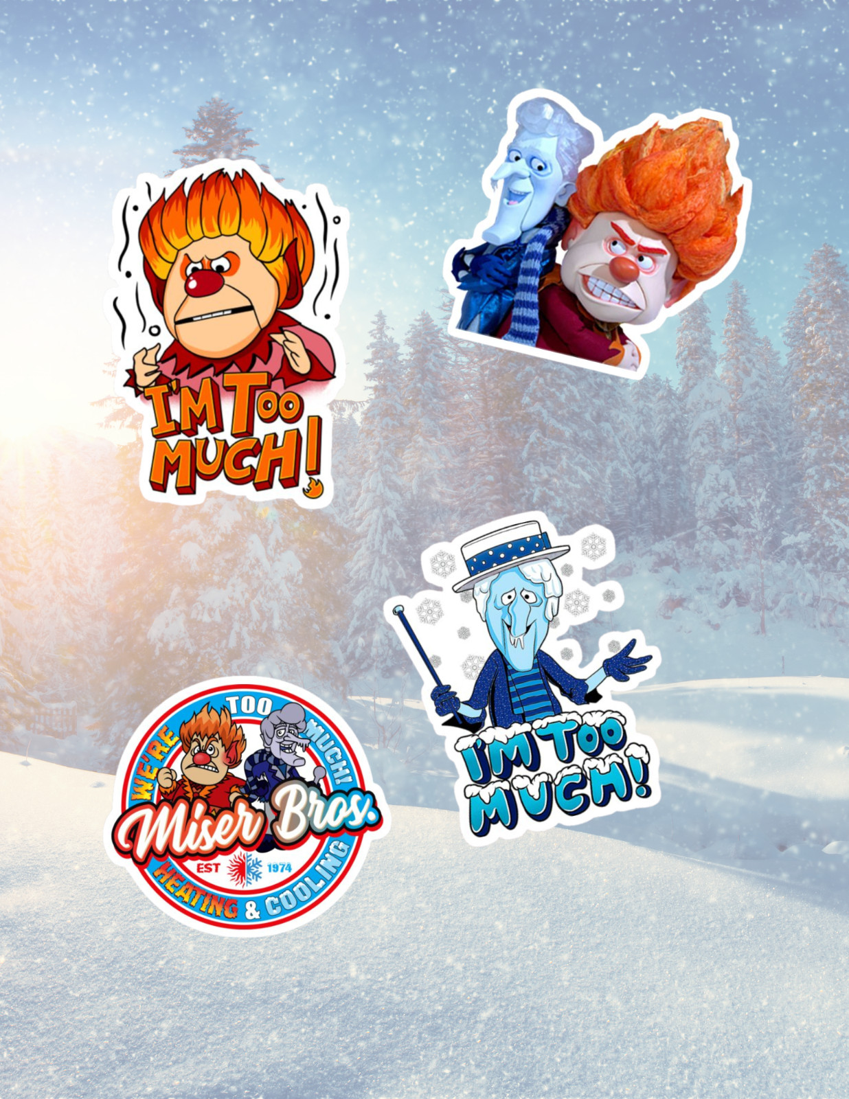 The Miser Brothers Heat Miser Snow Miser Christmas 4pk Sticker Pack
