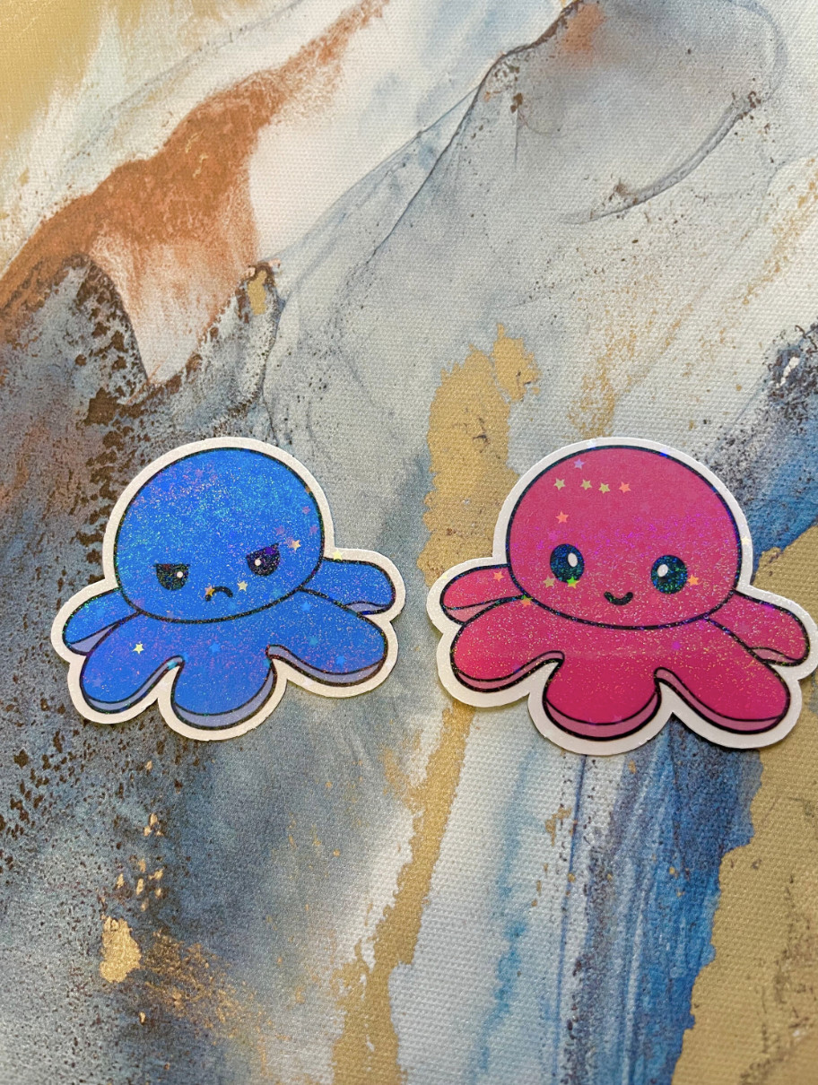 Happy and Mad Octopus Sticker I Gloss or Holographic Laminate l Waterproof Decal
