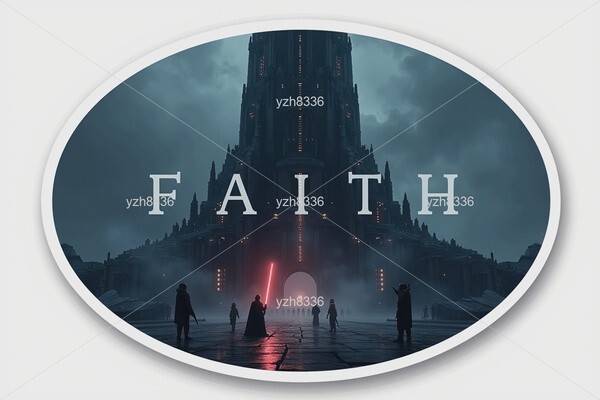Faith Sticker – Epic Dark Fortress with Mystical Figures and Glowing Light -Zink