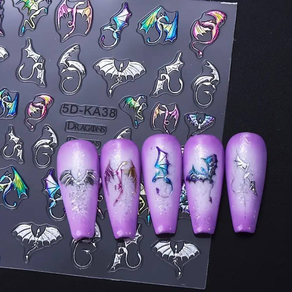 2 Sheets 5D Embossed Nail Art Stickers, Silvery Colored Bat Flying Dragon Q2