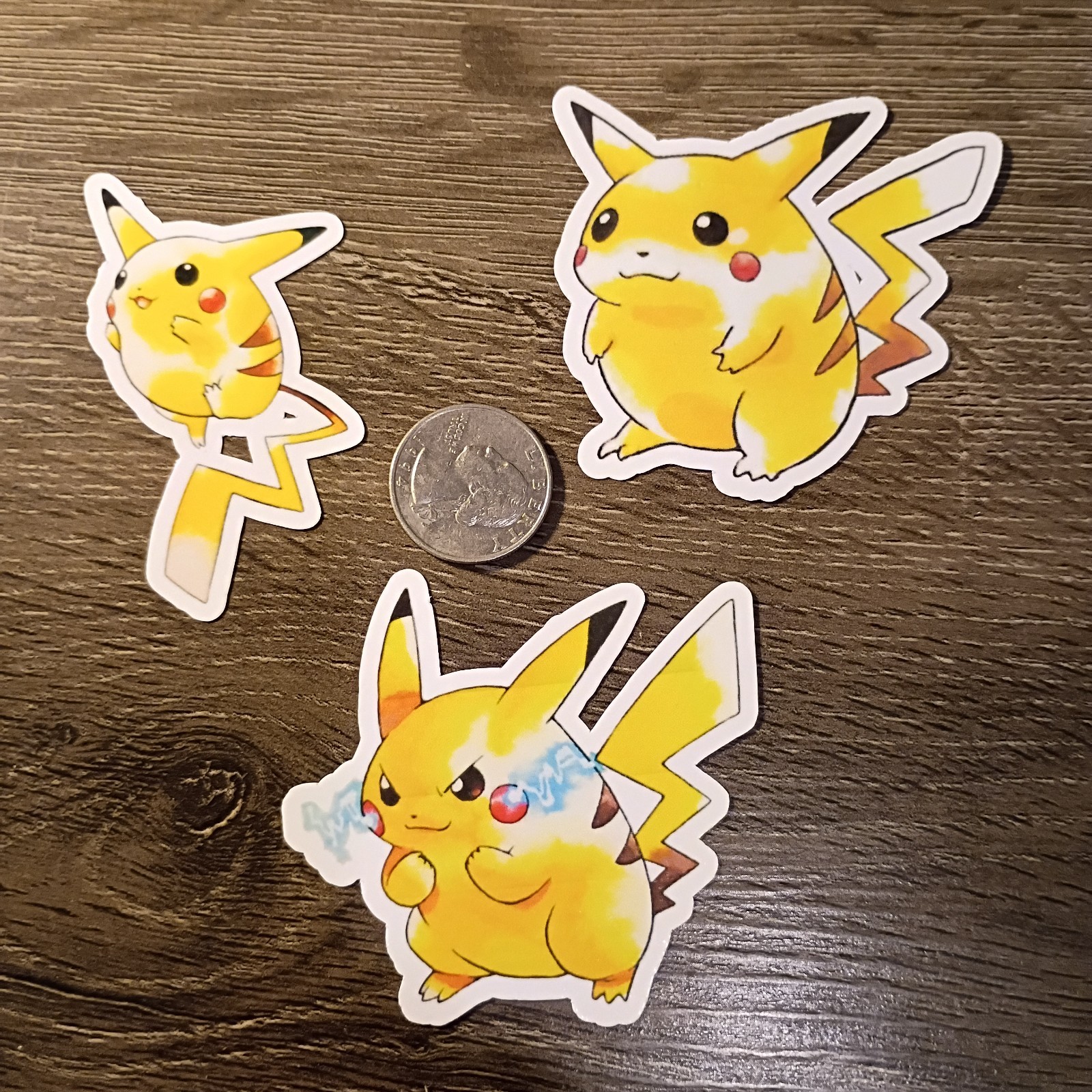 Gen 1 Pikachu Stickers – Lot of 3 – Vinyl, Waterproof, Die-cut – Red & Blue Art