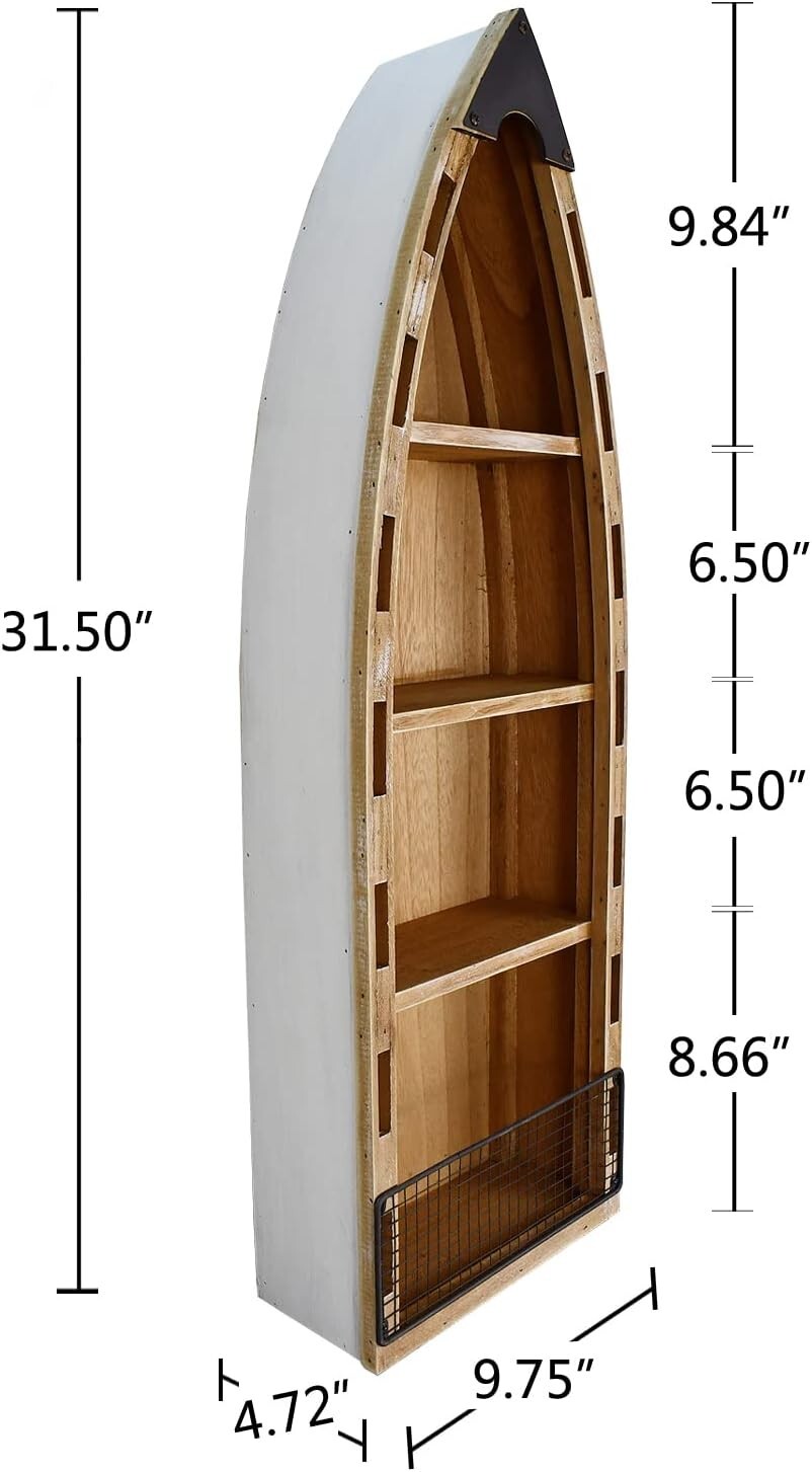 Solid Wood Boat Shelf Decorative Nautical Wall Decor Bookcase Large Wooden 4-Tie