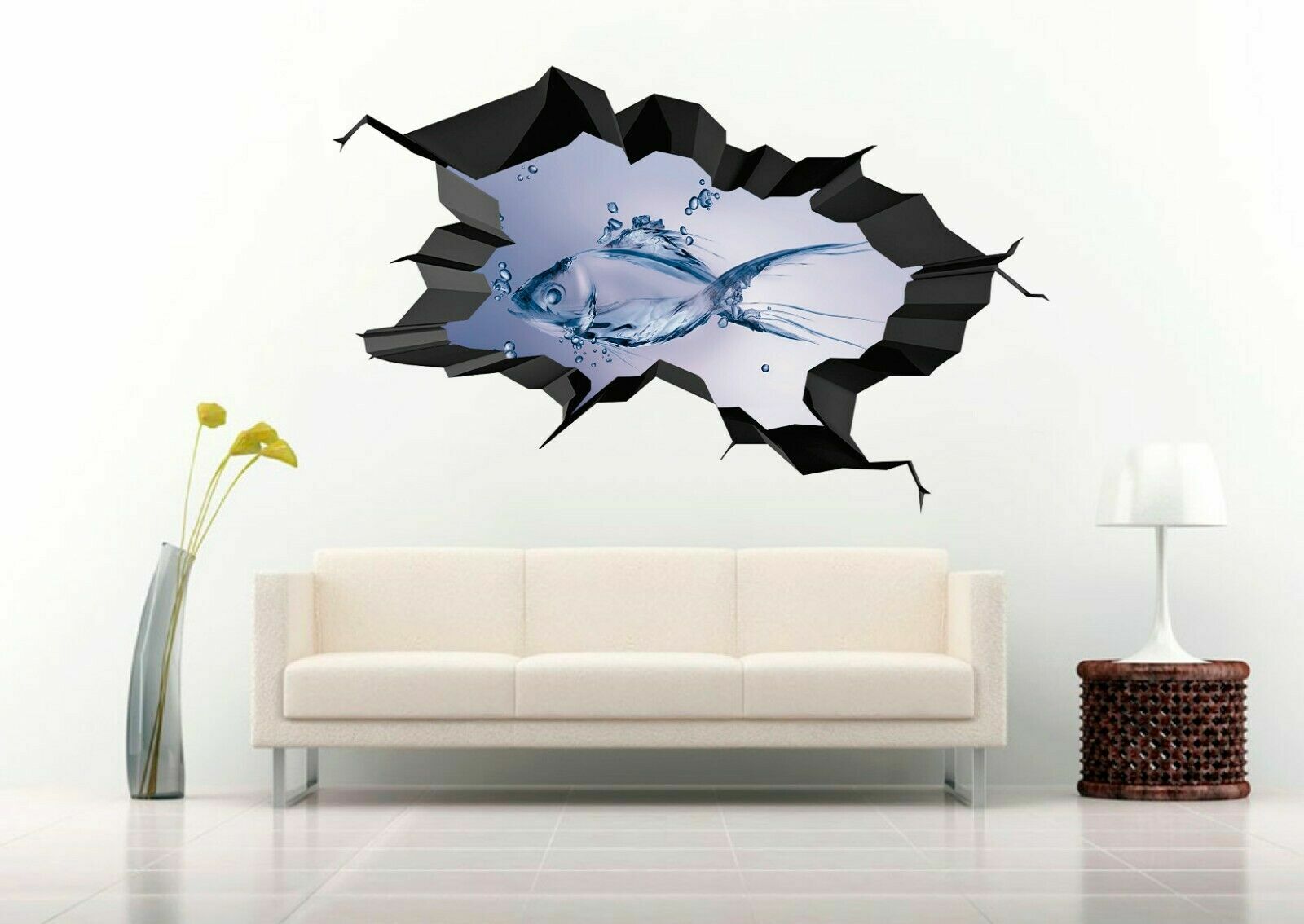Fish Optical Illusion 3D Crack Hole Wall Decal Vinyl Sticker Mural Art Decor