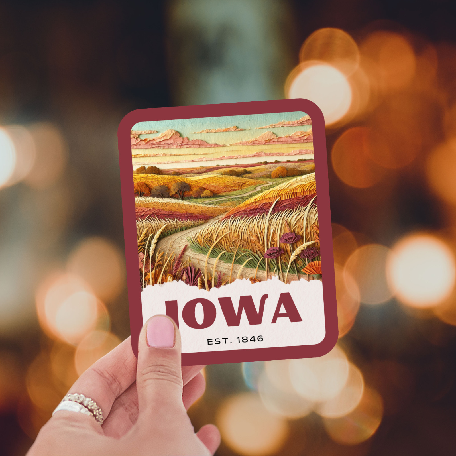 Iowa State Sticker, Paper Collage Look, Scenic Farmland Vinyl Decal