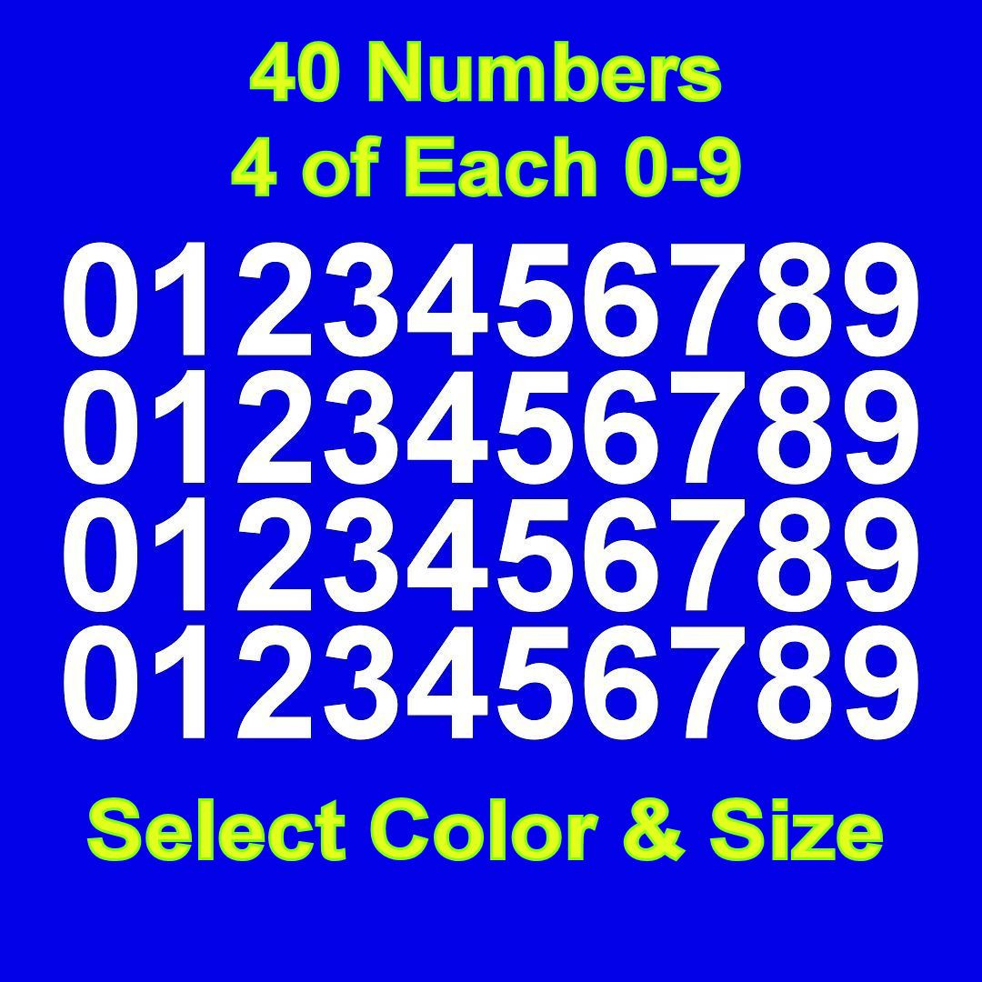 0-9 Numbers Vinyl Sticker Decals – Set of 40 – Select Color & Size 1/2" thru 4"