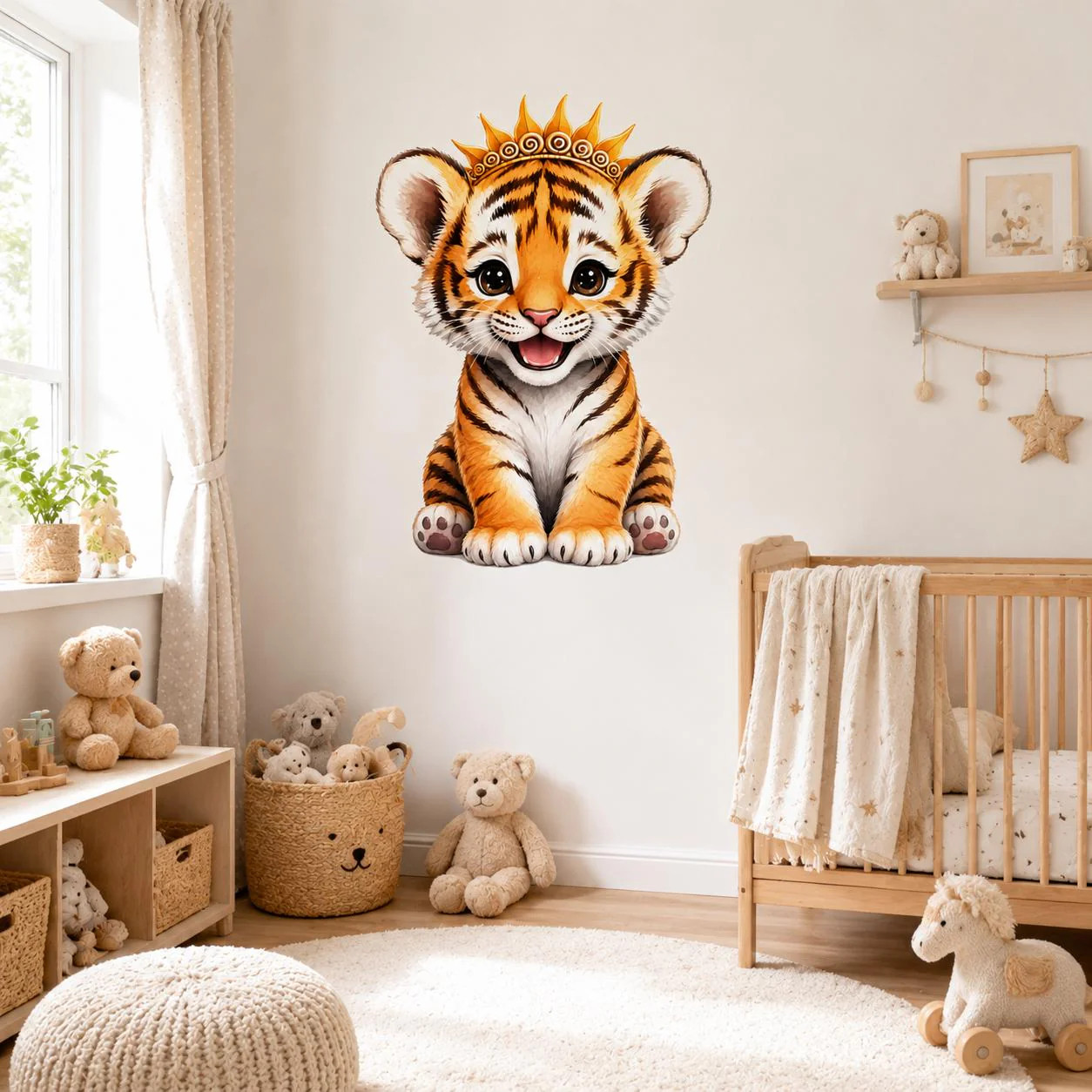 Cute Tiger Cub Wall Vinyl Decal | Baby Tiger With Crown Sticker