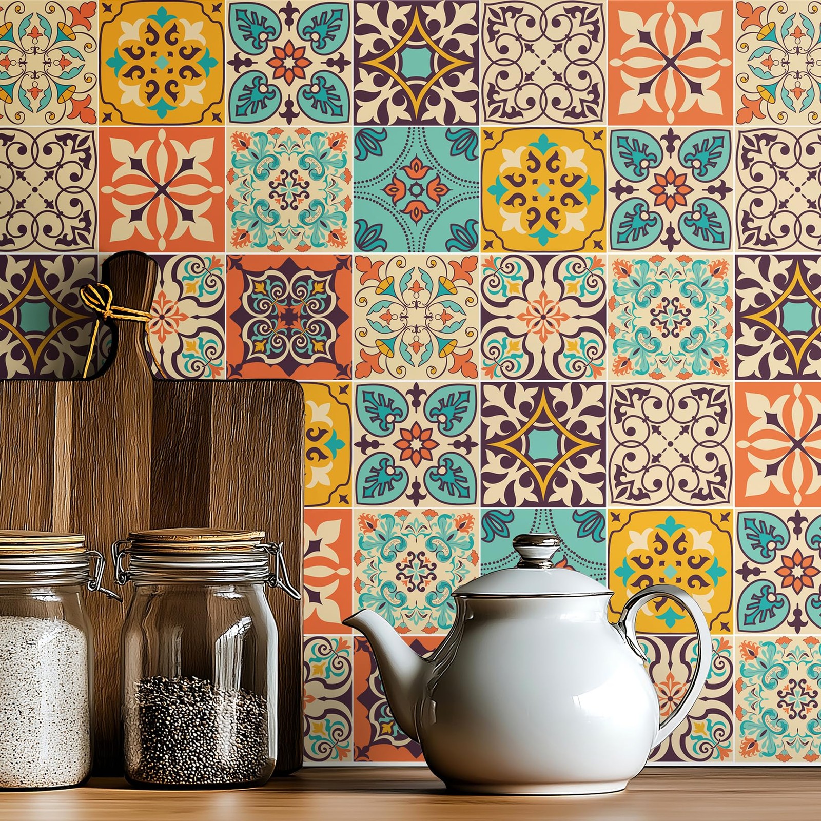 16 Pack, 5.9 Inch Terracotta and Teal Tile Stickers, Bohemian Patchwork Peel …