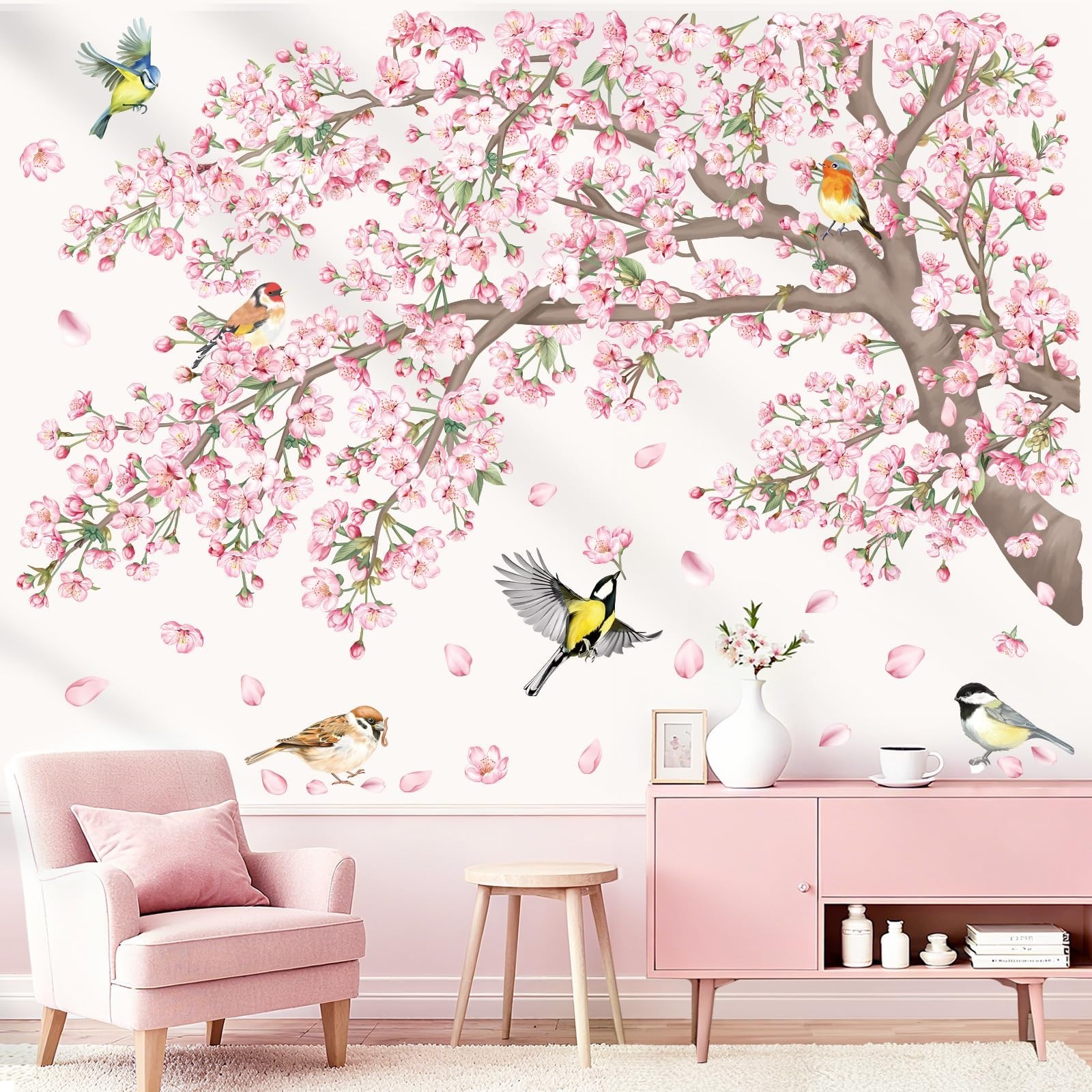 Large Cherry Blossom Tree Wall Stickers – Pink Floral Birds Decals for Nursery &
