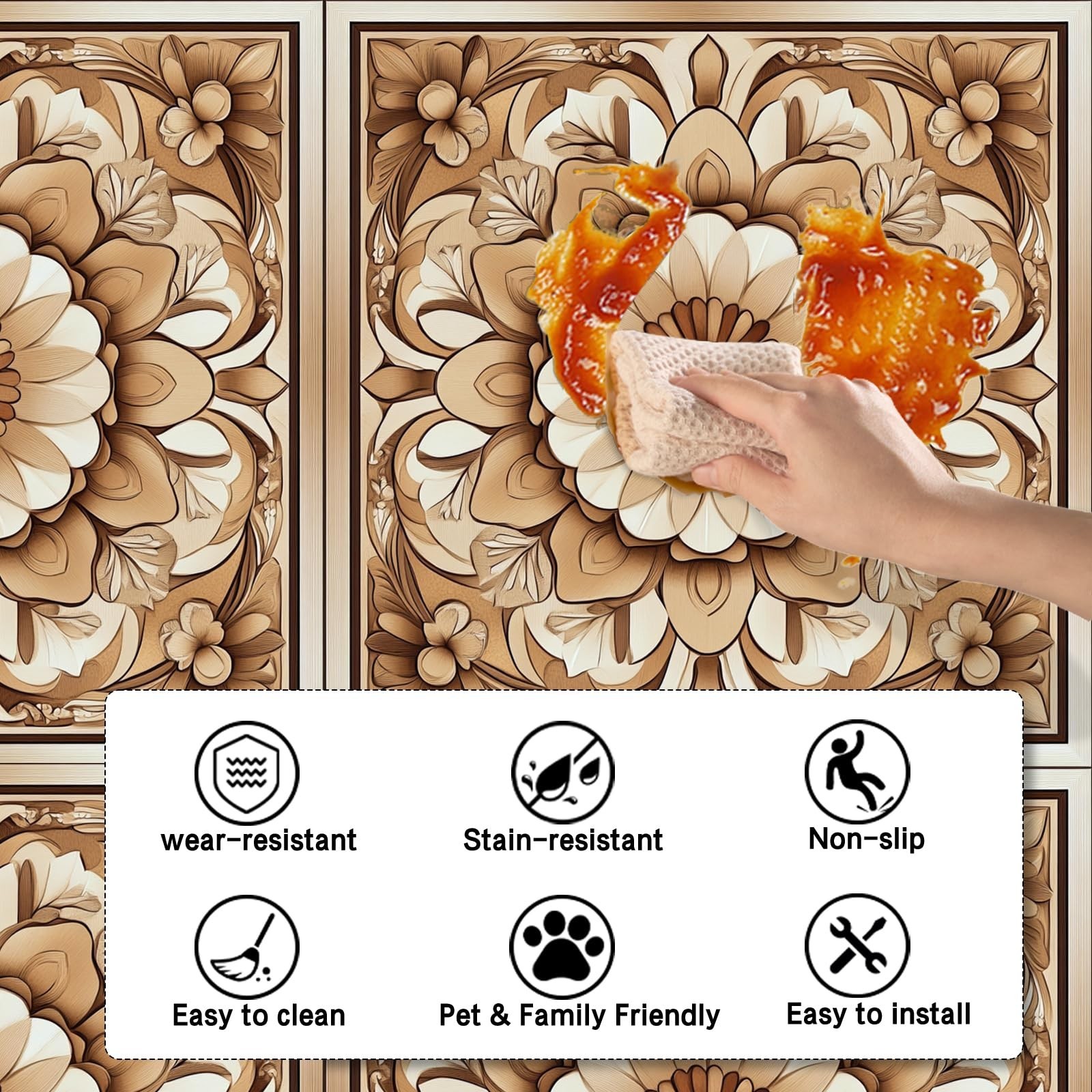 Nuxovilar Peel and Stick Vinyl Floor Tiles, 11.8"x11.8" Vintage Brown Floral …