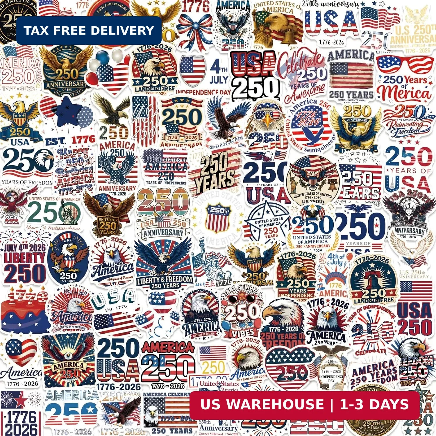 110PCS 250th Anniversary Stickers, America 250 Patriotic Vinyl Decals Set, USA 2