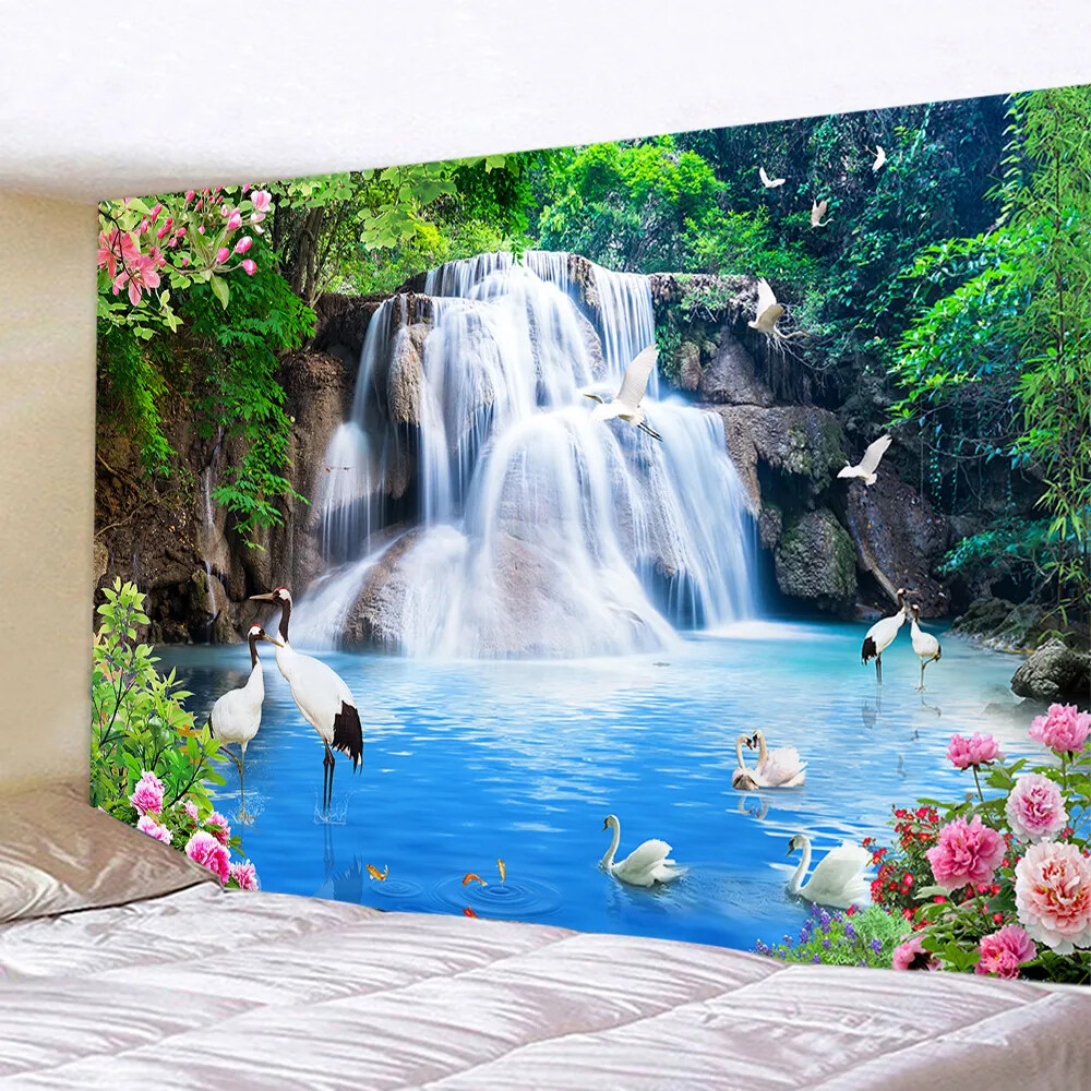 Nature Landscape Tapestry Chinese Scenery Painting Home Decor Mountain Waterfall