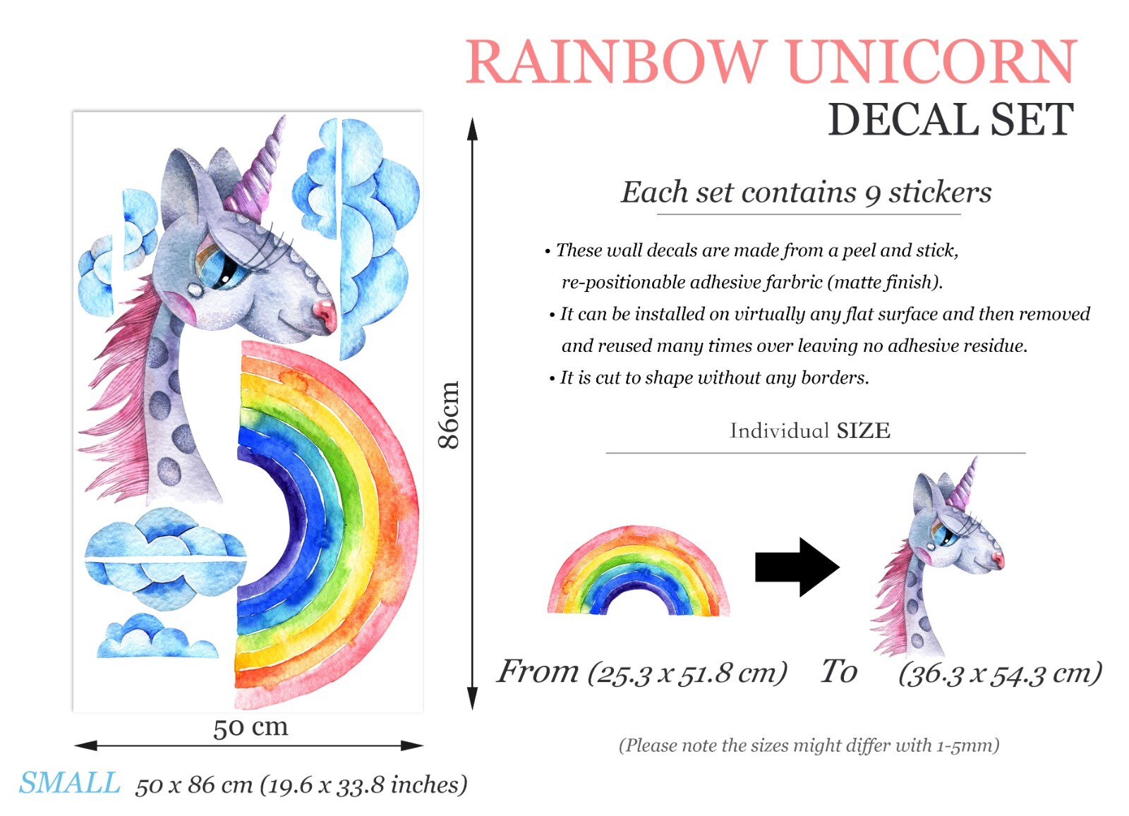 Watercolor Dream Rainbow Unicorn Star Kids Nursery Wall decal sticker