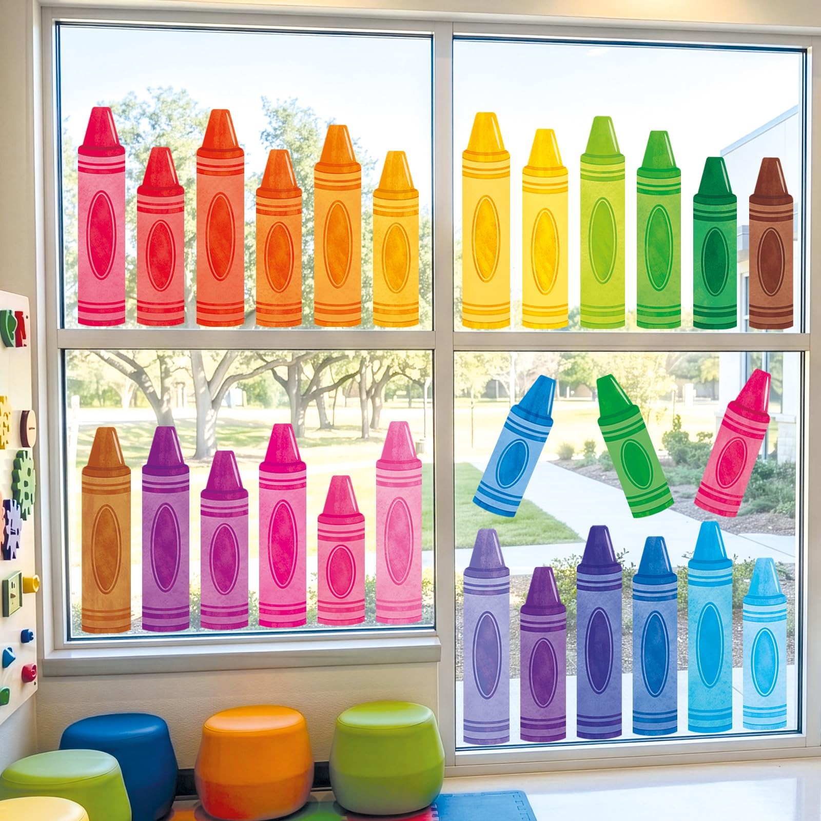 Color Crayon Window Clings – Double-Sided Pencil Window Stickers for Classroo…
