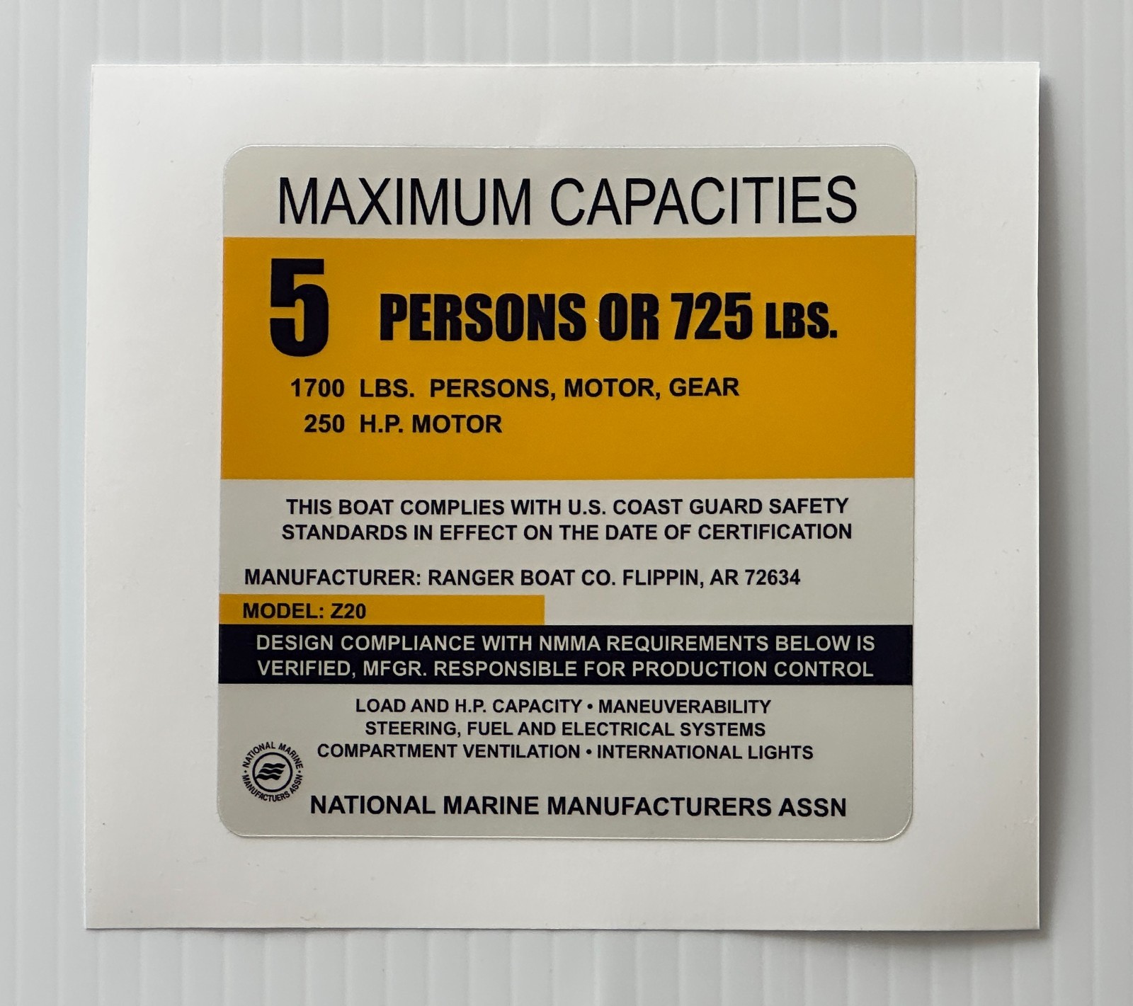 Ranger Boats Z20 Capacity Plate Sticker – Replacement Decal – Same Day Shipping