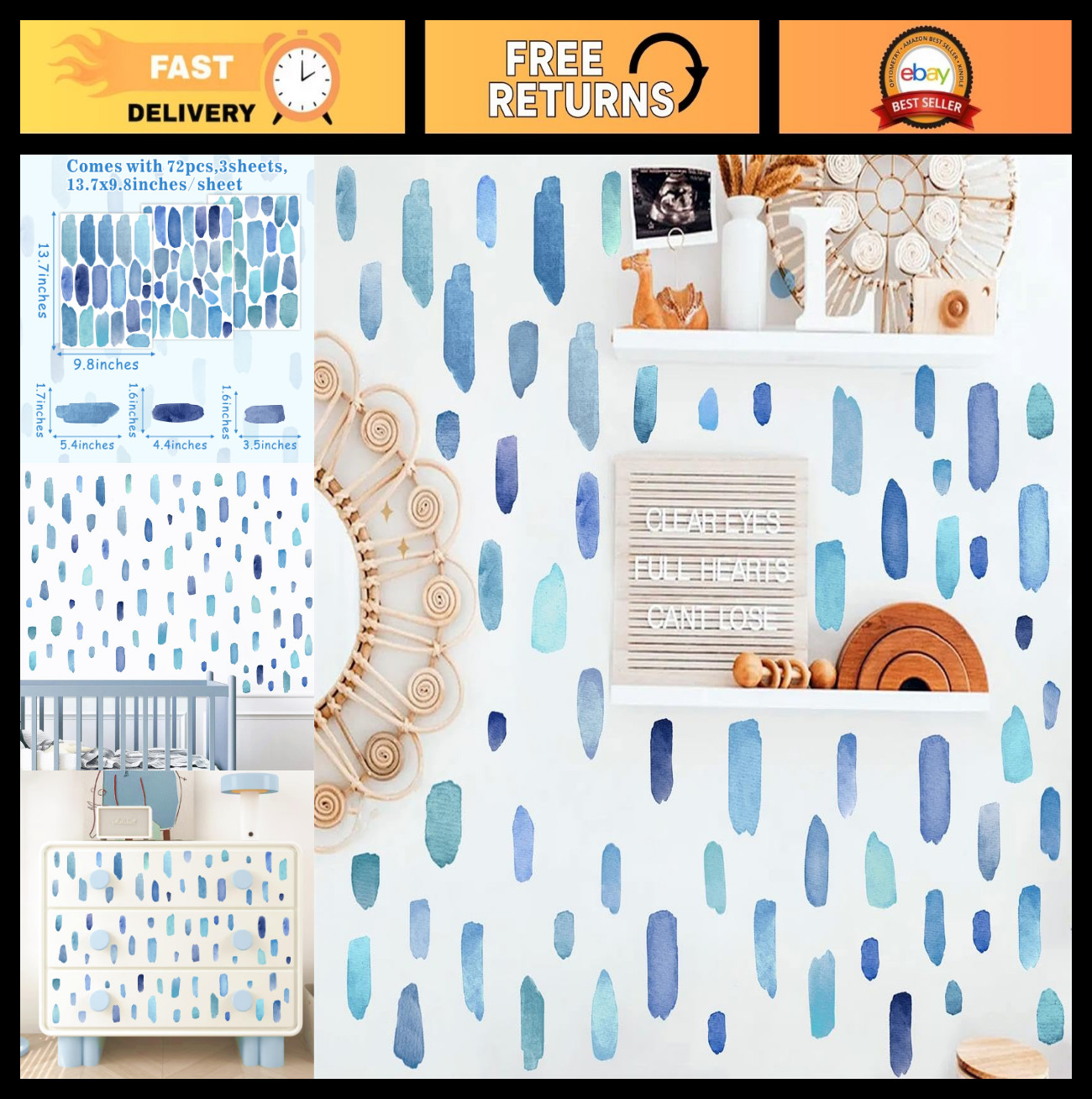 Boho Watercolor Wall Stickers – Removable Blue Stripes Decals for Kids' Room, Nu