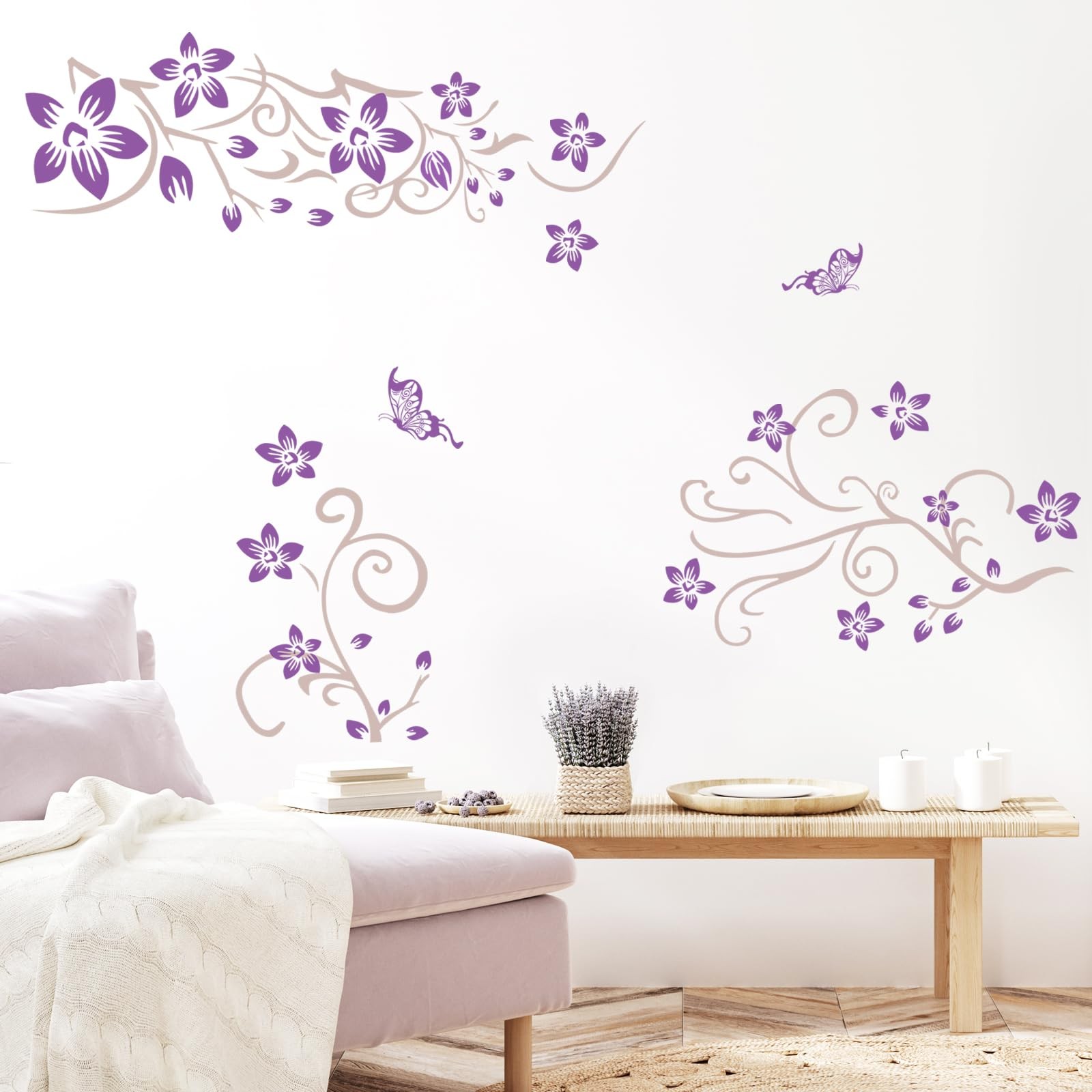 Supzone Flowers Vine Wall Decals Purple Flowers Wall Stickers Butterfly Wall Dec
