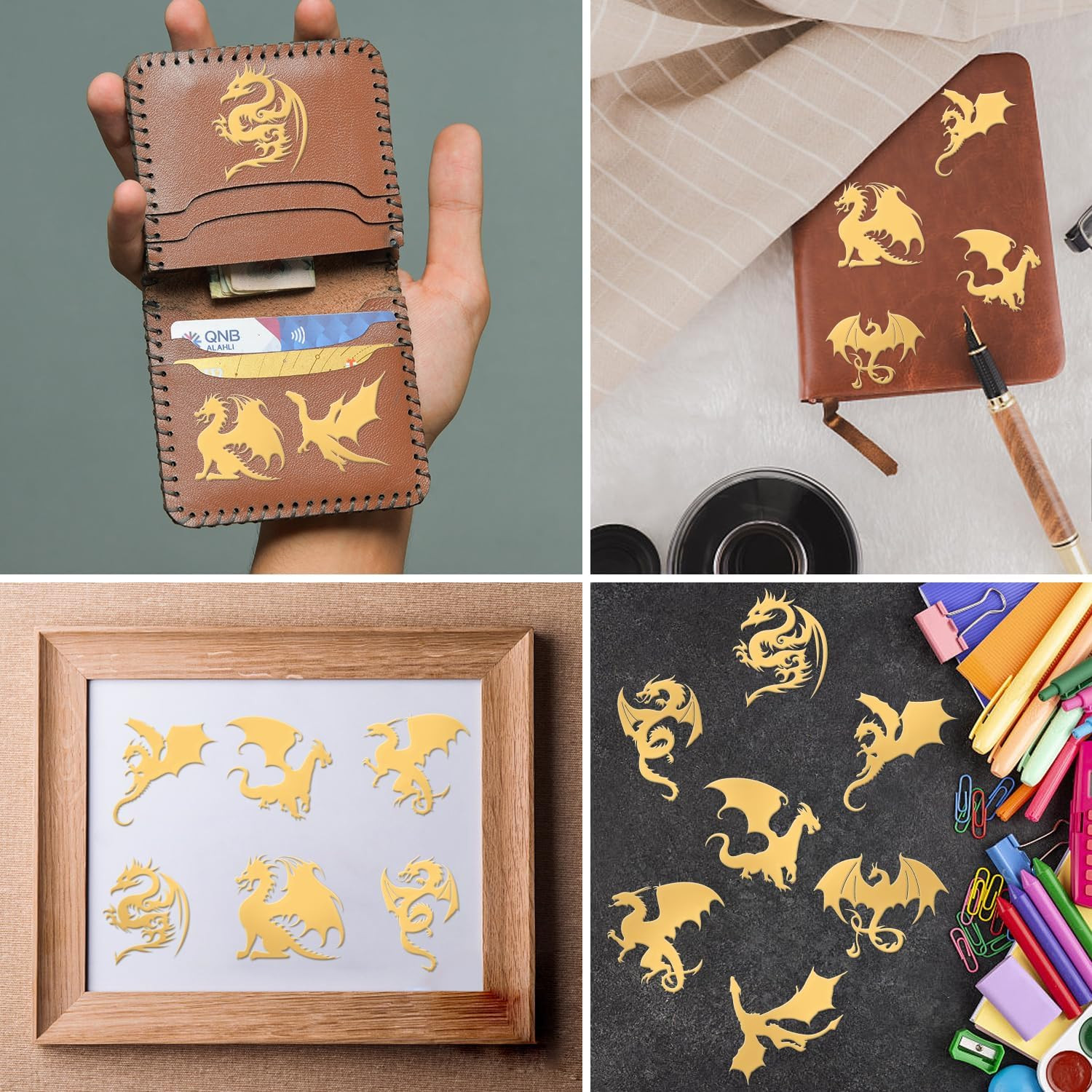 9 Pcs 1.6X1.6 Inch Dragon Pattern Stickers Self Adhesive Metal Stickers Golden S
